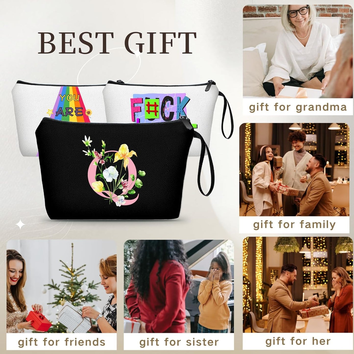 SEAMOON Women Birthday Unique Initial Funny Gifts for Teenage Girl Sister Friends Bridesmaid Personalized Travel Make up Cosmetic Bag with Mirror Valentines Mothers Day Christmas Graduation Q
