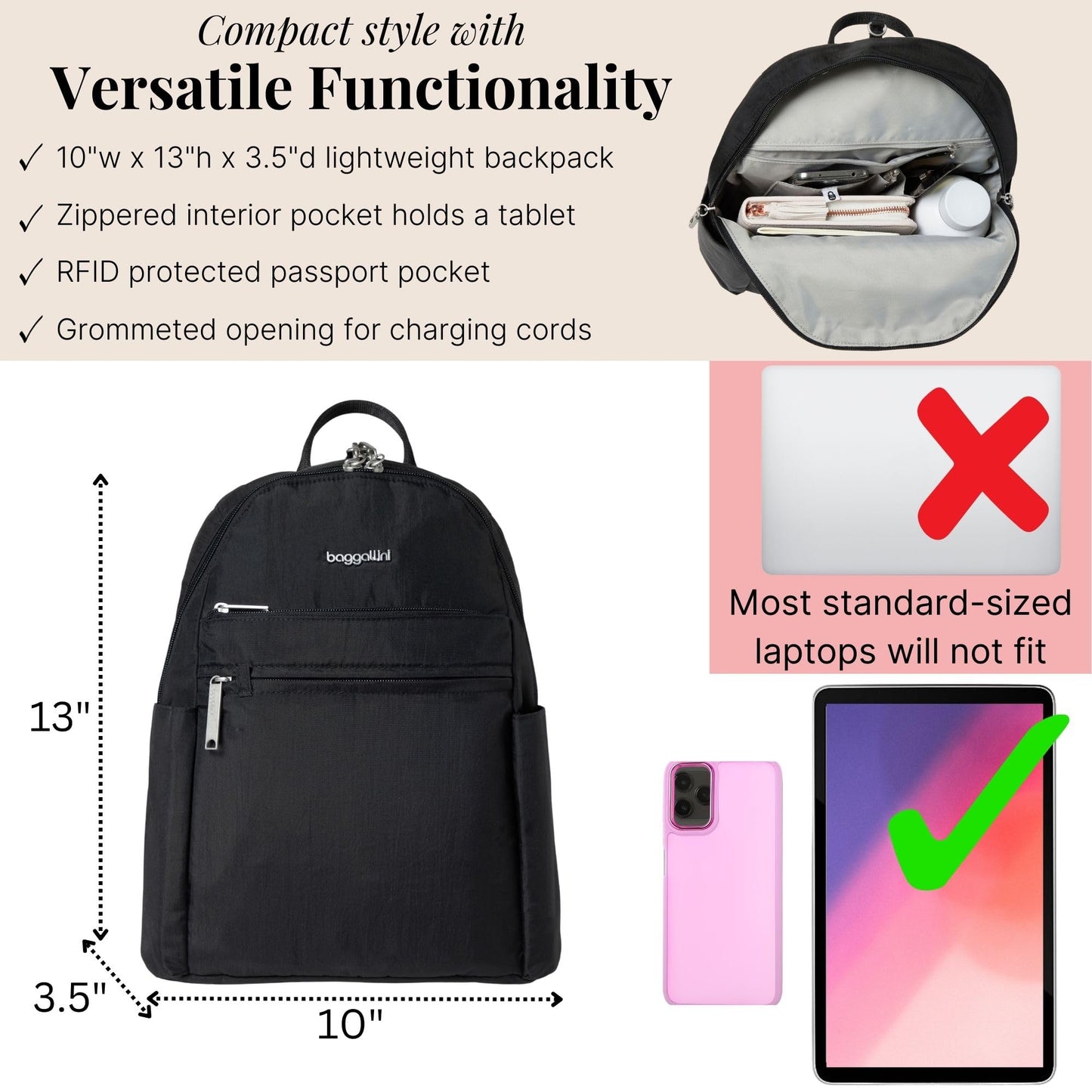 Baggallini Securtex® Anti-theft Vacation Travel Backpack 10x13 Slash-Resistant Nylon Daypack