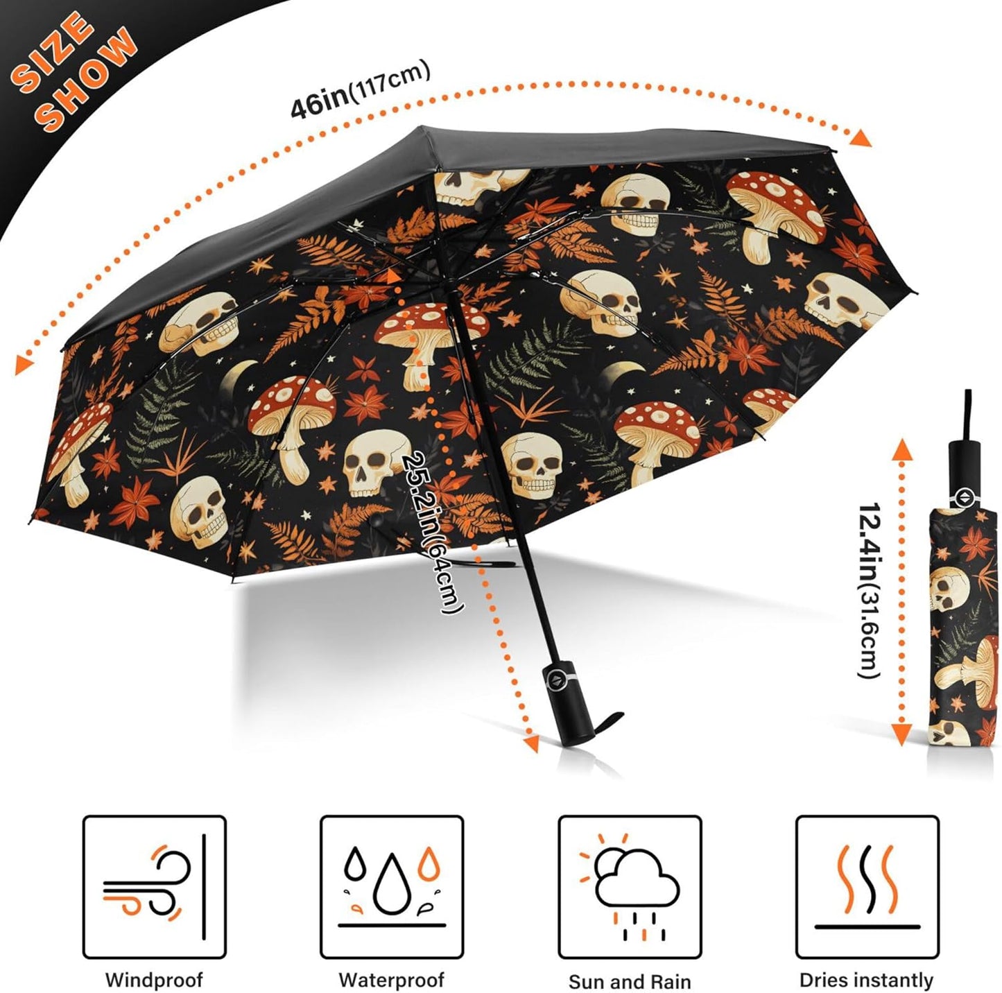 Automatic Folding Umbrella Windproof Strong, UV Protection Compact Black Gothic Moon Spider Webs and Bats Sun Rain Sun Rain Travel Umbrellas for Women Men