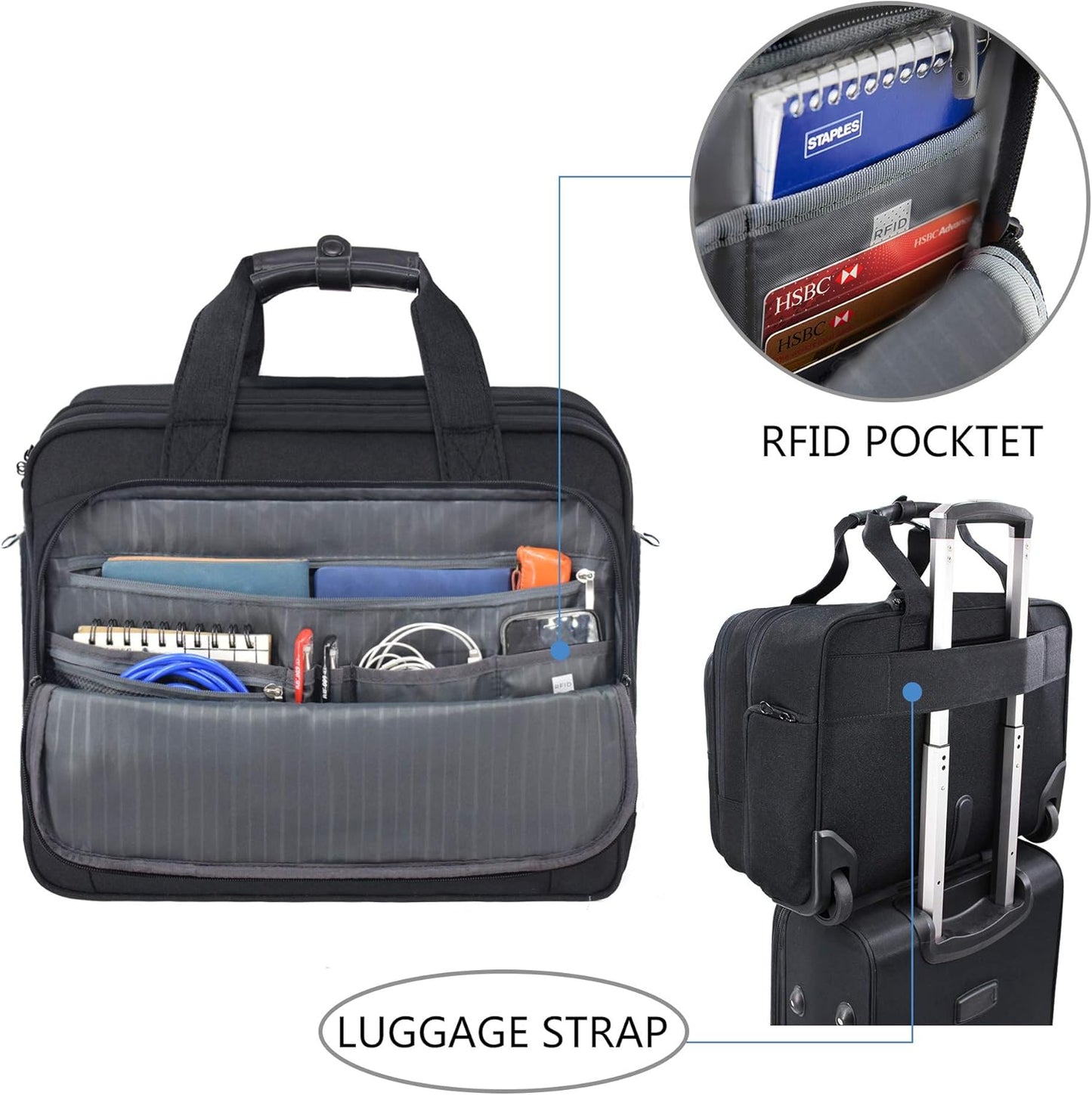 KROSER Rolling Laptop Bag Premium Wheeled Briefcase Fits Up to 17.3 Inch Laptop Overnight Roller Case Computer Bag with RFID Pockets for Travel/Business/Men/Women-Black