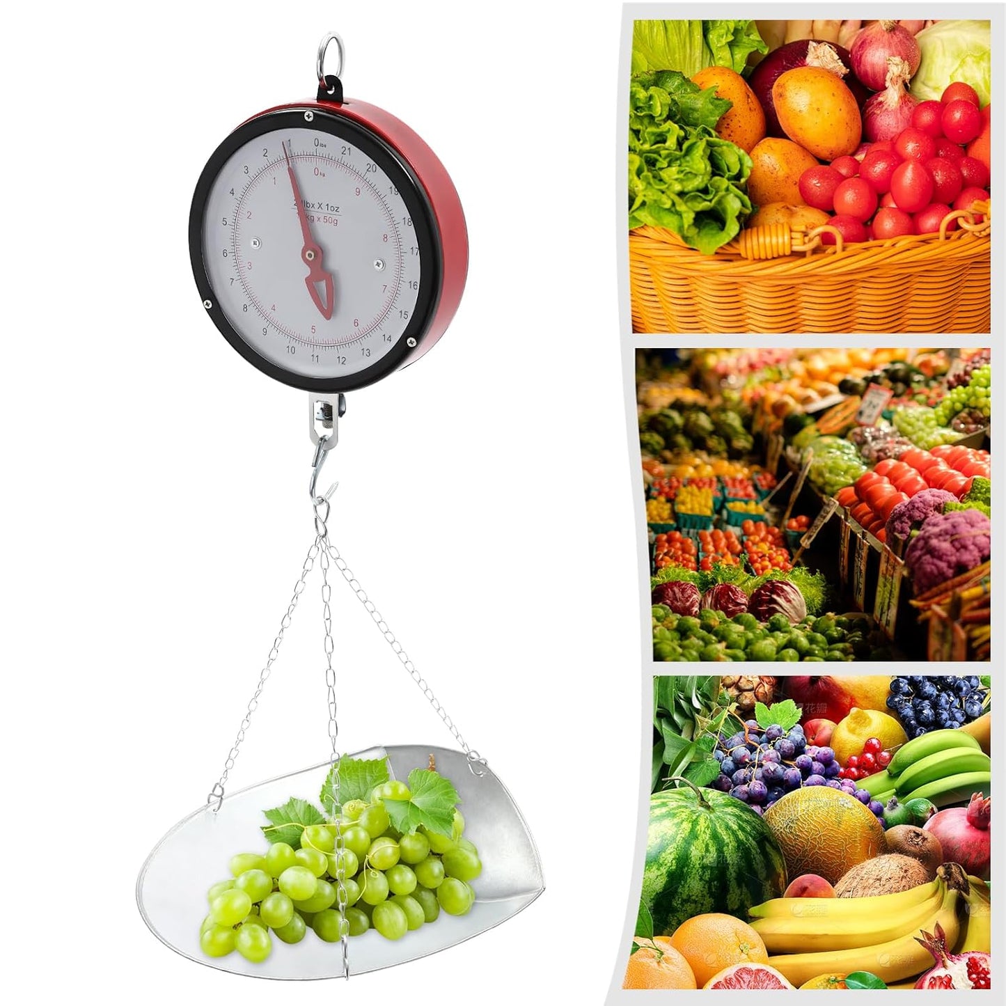 Double-Sided Dial Hanging Scale 22LBS, Mechanical Hanging Scale with Scoop and Chain, Large Display Spring Dial Weight Scale, High Accuracy Weight Scale for Farm, Kitchen Food and Produce (Red)