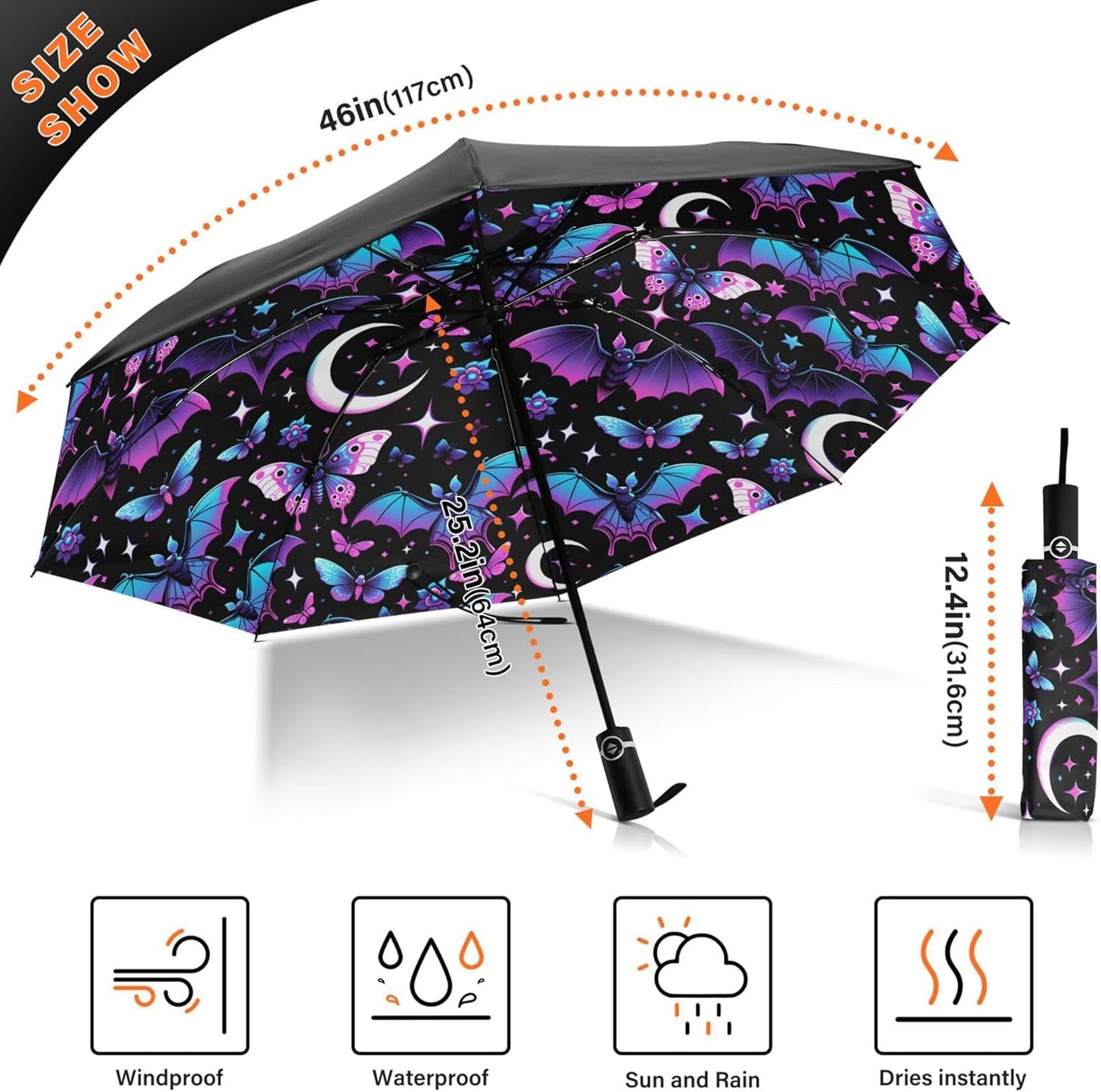 Automatic Folding Umbrella Windproof Strong, UV Protection Compact Black Gothic Moon Spider Webs and Bats Sun Rain Sun Rain Travel Umbrellas for Women Men