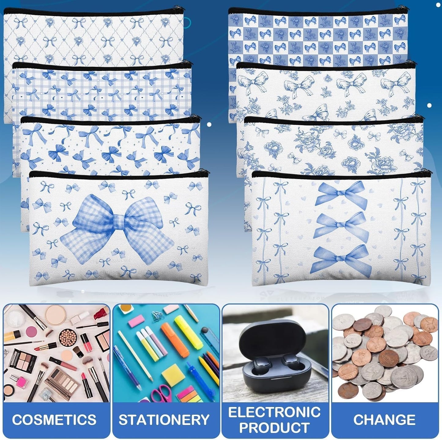 16 Pcs Bow Makeup Bags Bulk for Women Blue Coquette Aesthetic Preppy Cosmetic Bags Bow Floral