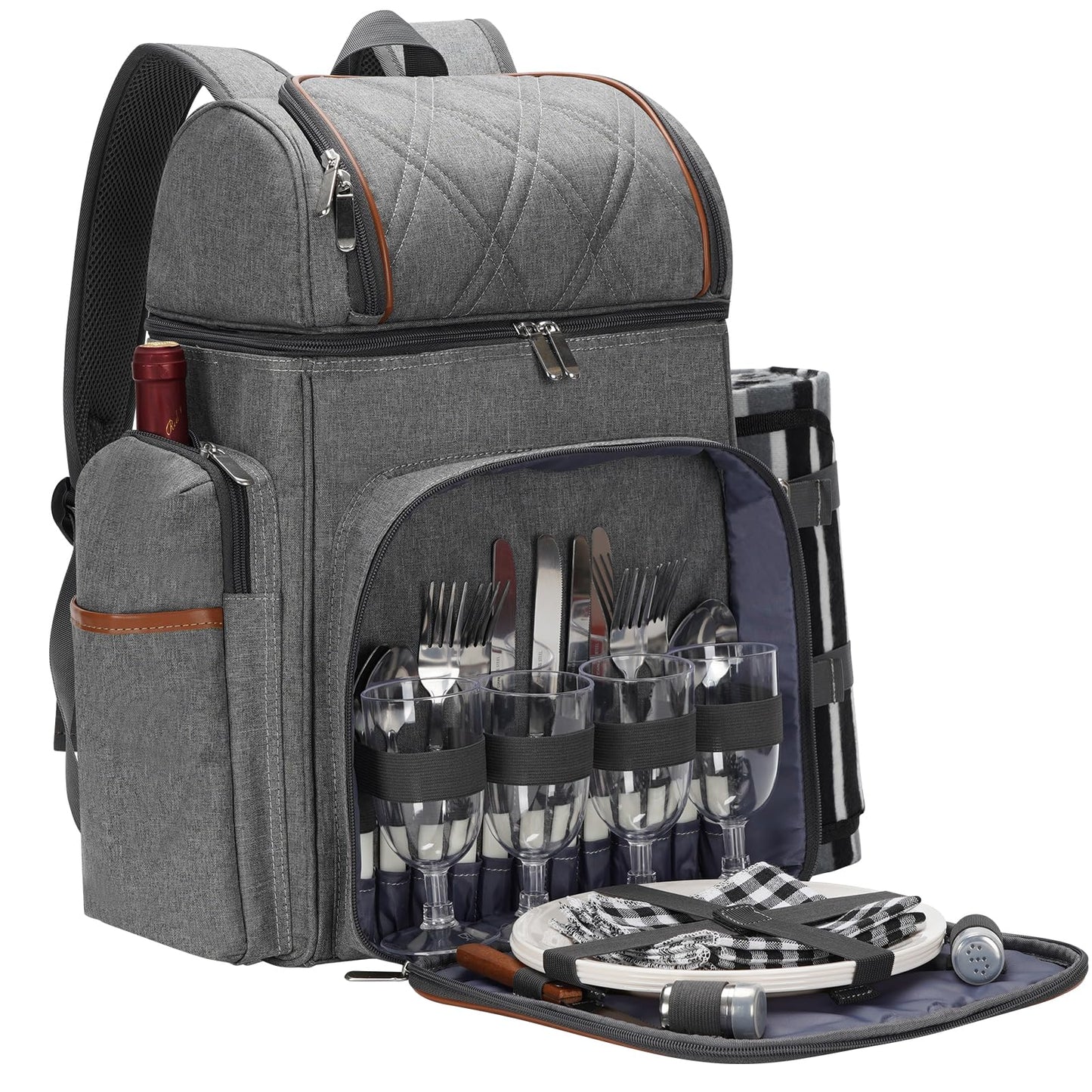 Picnic Backpack for 4, Insulated Cooler Bag with Blanket, Grey
