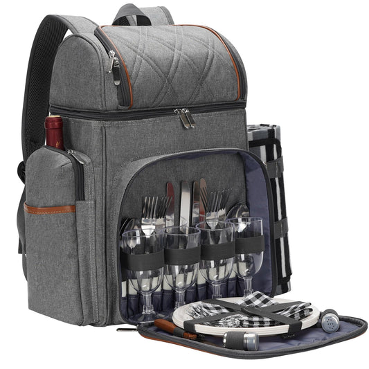 Picnic Backpack for 4, Insulated Cooler Bag with Blanket, Grey