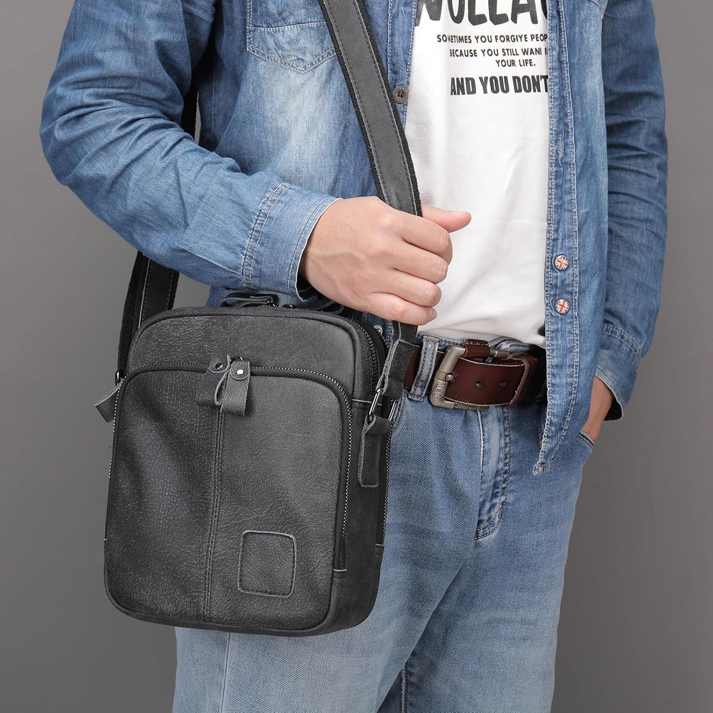 Genuine Leather Shoulder Bag for Men Crossbody Sling Bag Adjustable Small Messenger Purse Travel Work Business bag
