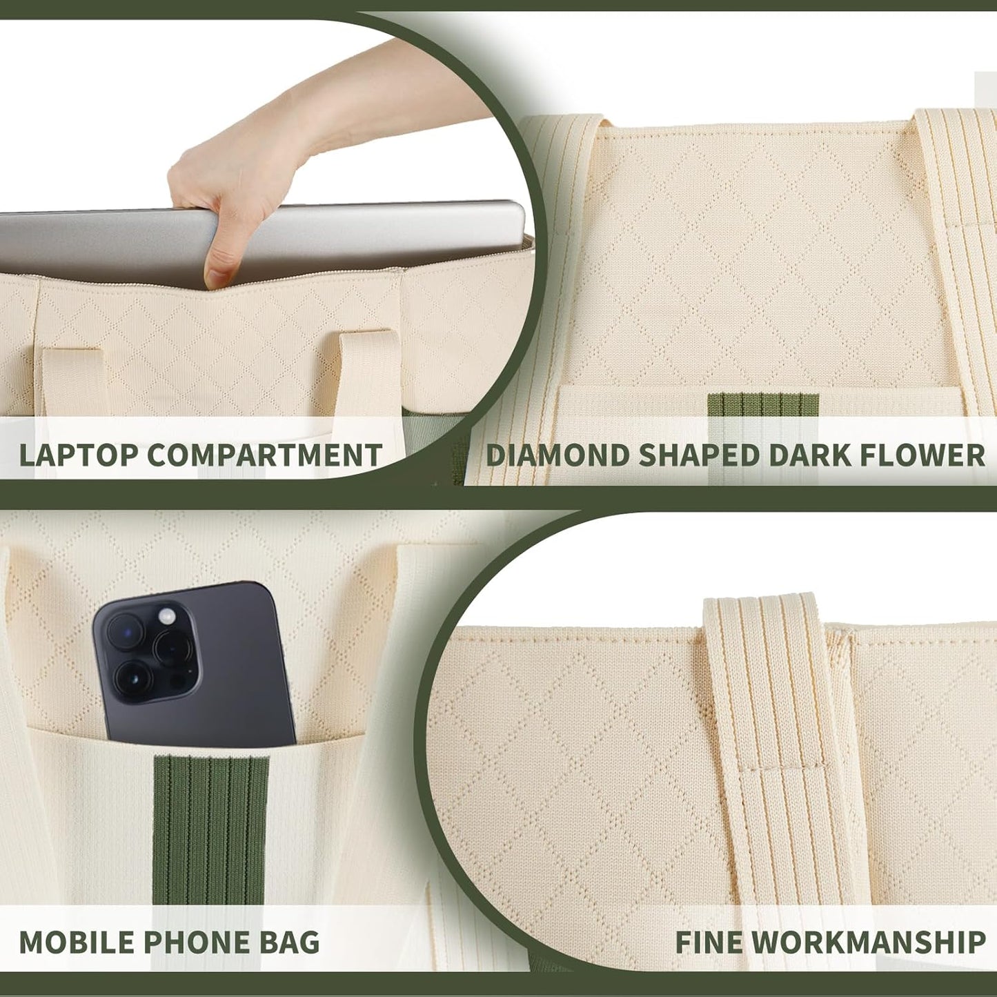 Large Canvas Tote Bag,White and Green, with Laptop Sleeve and Multiple Pockets