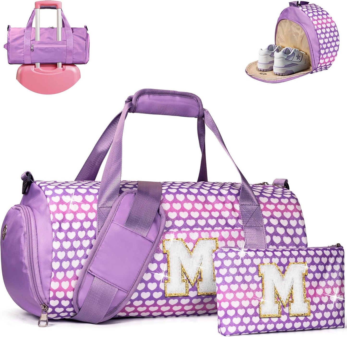 Gifts for 10 Year Old Kid, Girls Travel Duffel Bag, Kids Initial Overnight Bags with Shoe Compartment, Personalized Gym Ballet Dance Bag with Makeup Pouch, Birthday Gift Ideas (Letter M)