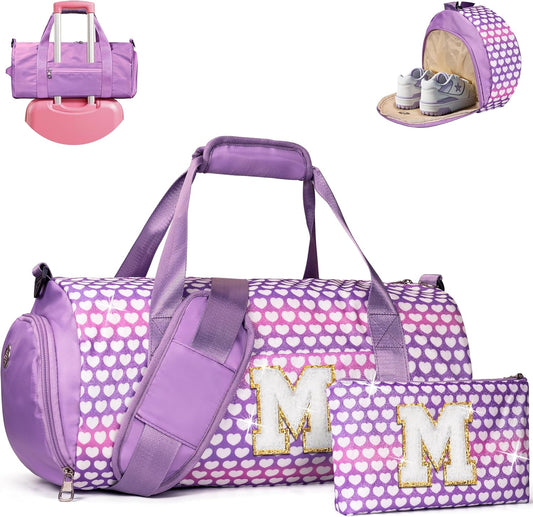 Gifts for 10 Year Old Kid, Girls Travel Duffel Bag, Kids Initial Overnight Bags with Shoe Compartment, Personalized Gym Ballet Dance Bag with Makeup Pouch, Birthday Gift Ideas (Letter M)