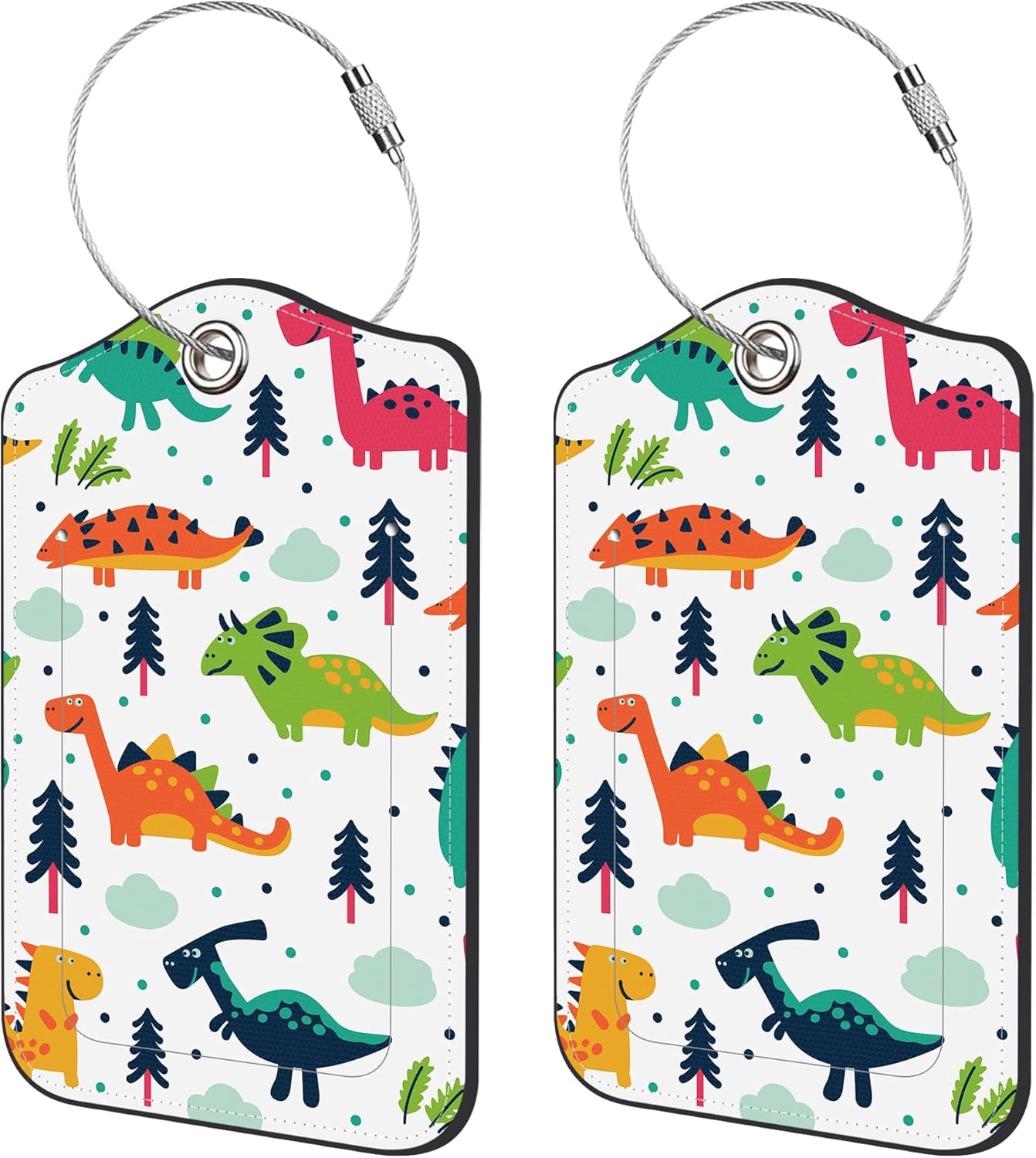 2 Pack Luggage Tags,Funny Dinosaur PU Leather Idea Baggage Tag with ID Labels Privacy Cover Metal Ring Men and Women Travel Bag Labels