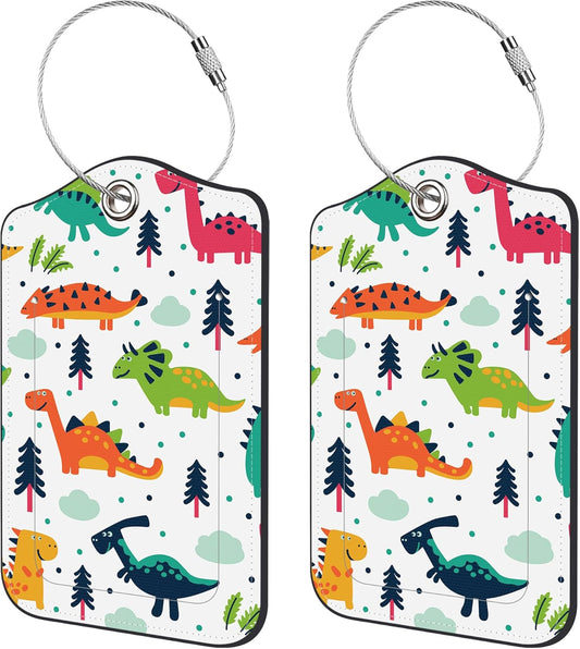 2 Pack Luggage Tags,Funny Dinosaur PU Leather Idea Baggage Tag with ID Labels Privacy Cover Metal Ring Men and Women Travel Bag Labels