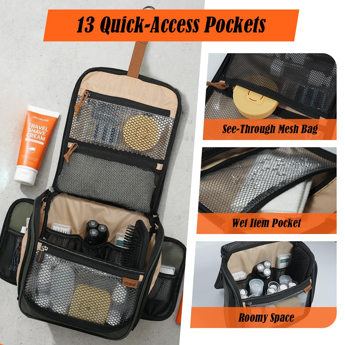 WELKINLAND 13-Pocket Hanging Toiletry Bag, Large Mens Toiletry Travel Bag