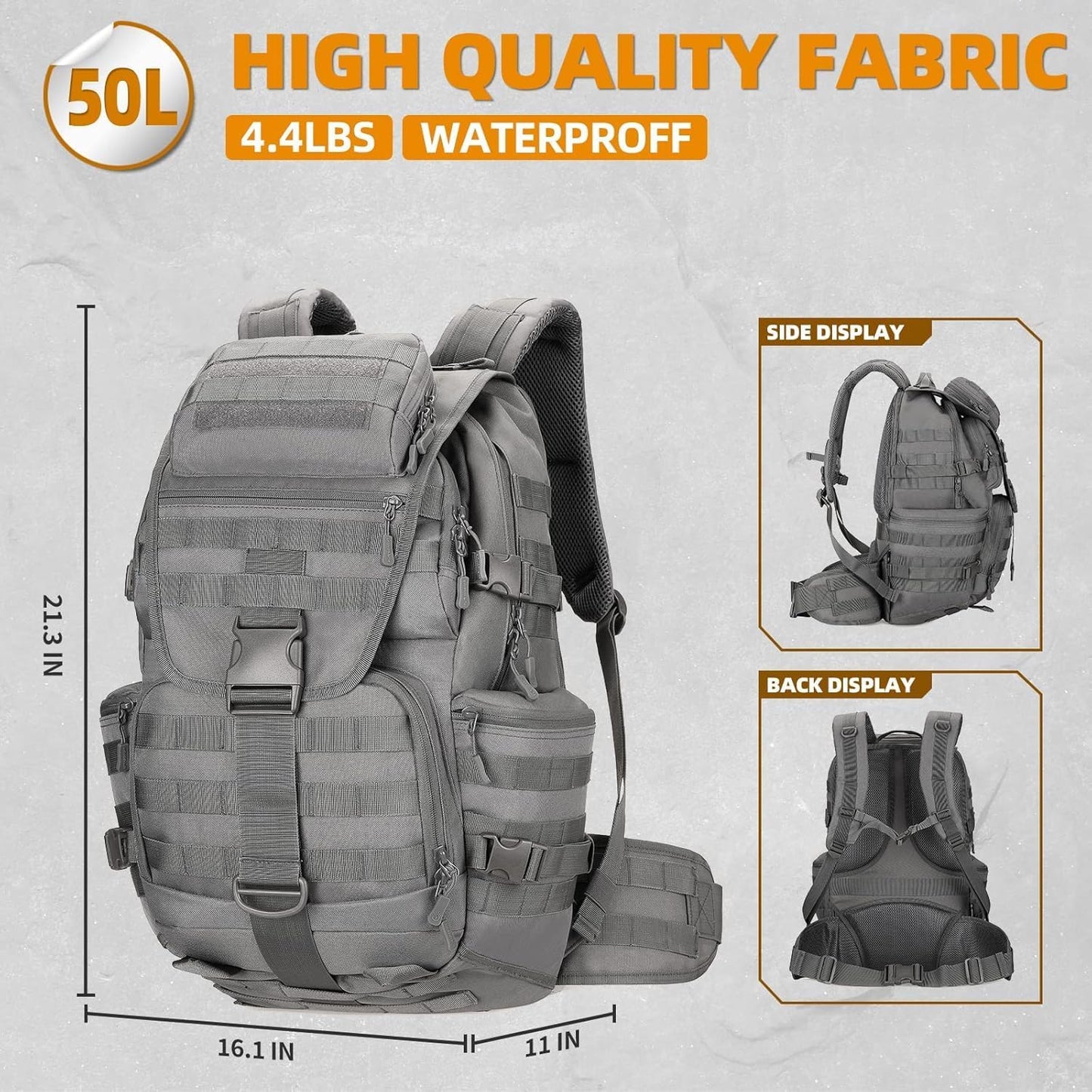 50L Military Tactical Backpack 3 Day Assault Pack Molle Daypack Hiking Backpack for Men and Women (Gray)