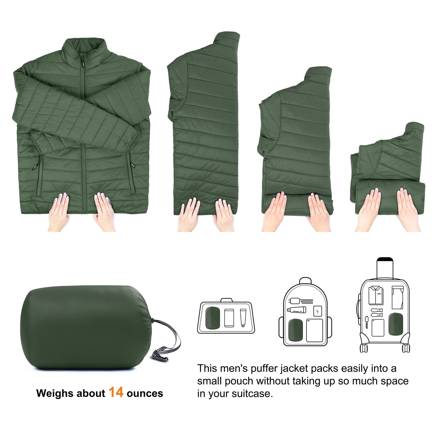 Outdoor Ventures Men's Lightweight Packable Puffer Winter Jacket Insulated Puffy Coat for Snow Ski