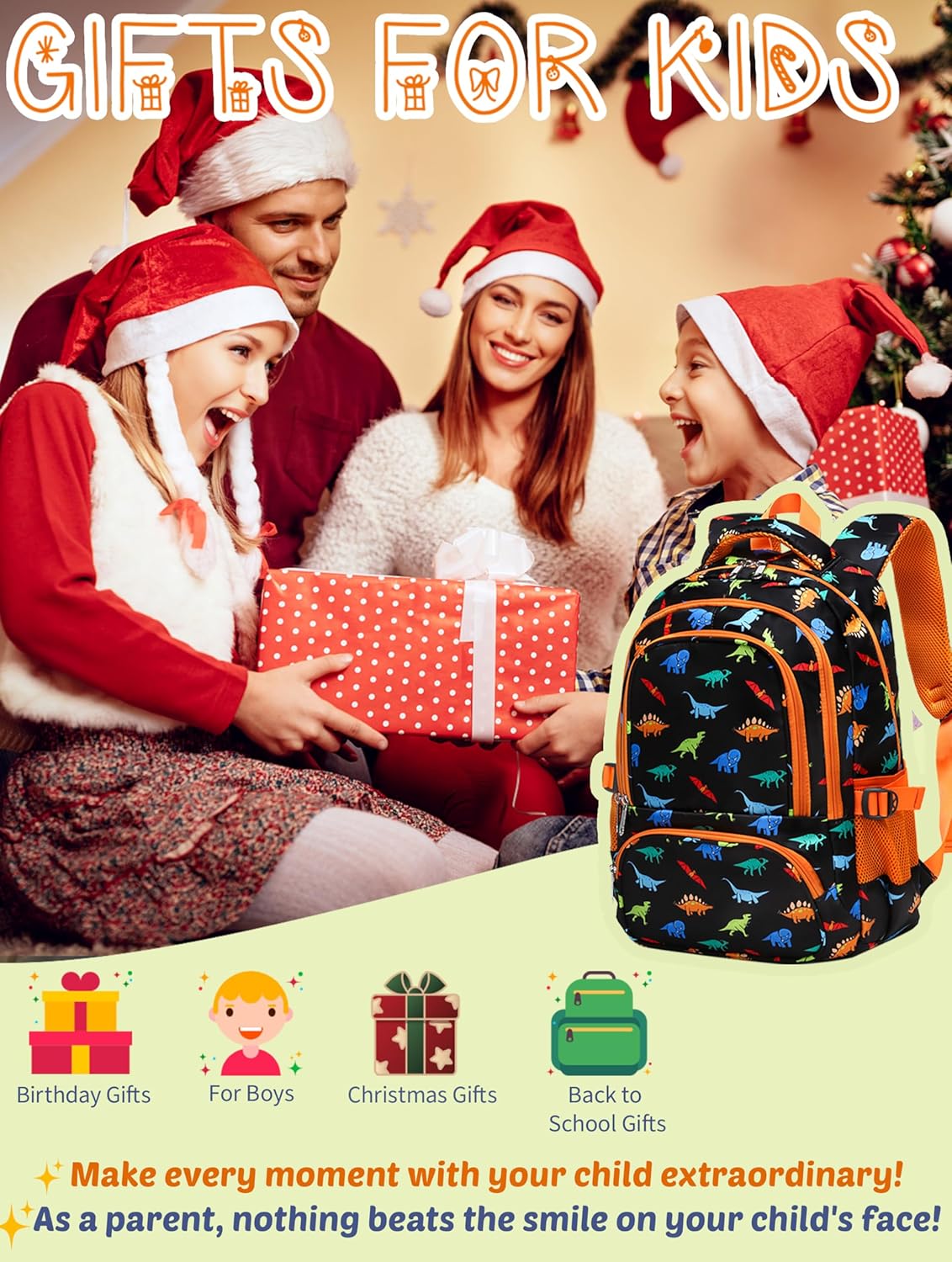 BLUEFAIRY Kids Backpacks for Boys Girls Elementary Primary Middle School Bookbags Back to School Bags for Childs Age 6-8 Mochilas Escolares para Niños Niñas 17 Inch Dinosaur Matte Black/Orange