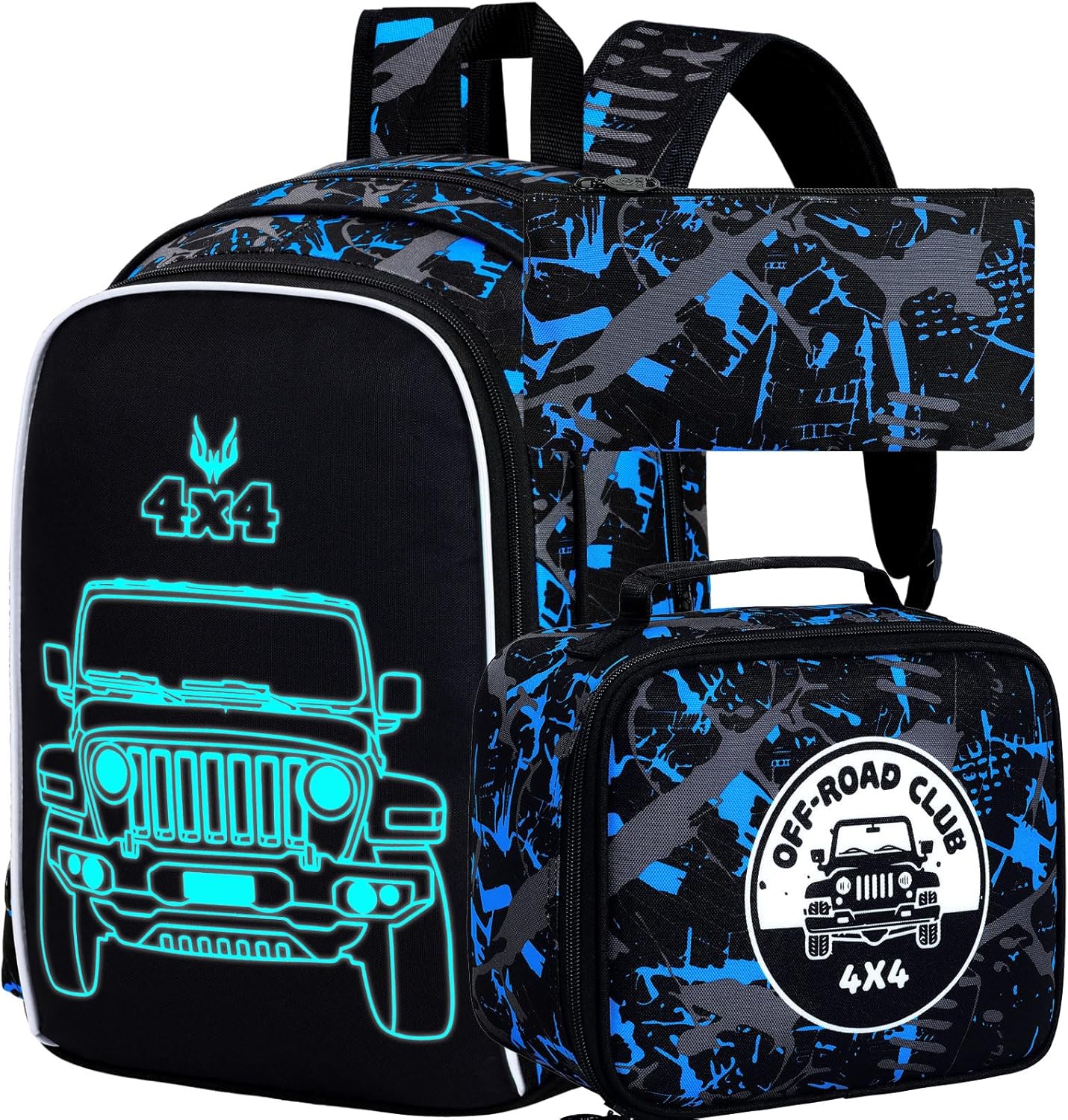 KLFVB 3PCS Truck Backpack for Boys, Luminous School Backpacks with Lunch Box, 17" Water Resistant Kids Camo Bookbag for Middle Elementary Teens to School Travel - Luminous Truck