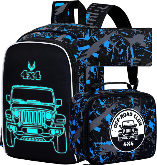 KLFVB 3PCS Truck Backpack for Boys, Luminous School Backpacks with Lunch Box, 17" Water Resistant Kids Camo Bookbag for Middle Elementary Teens to School Travel - Luminous Truck