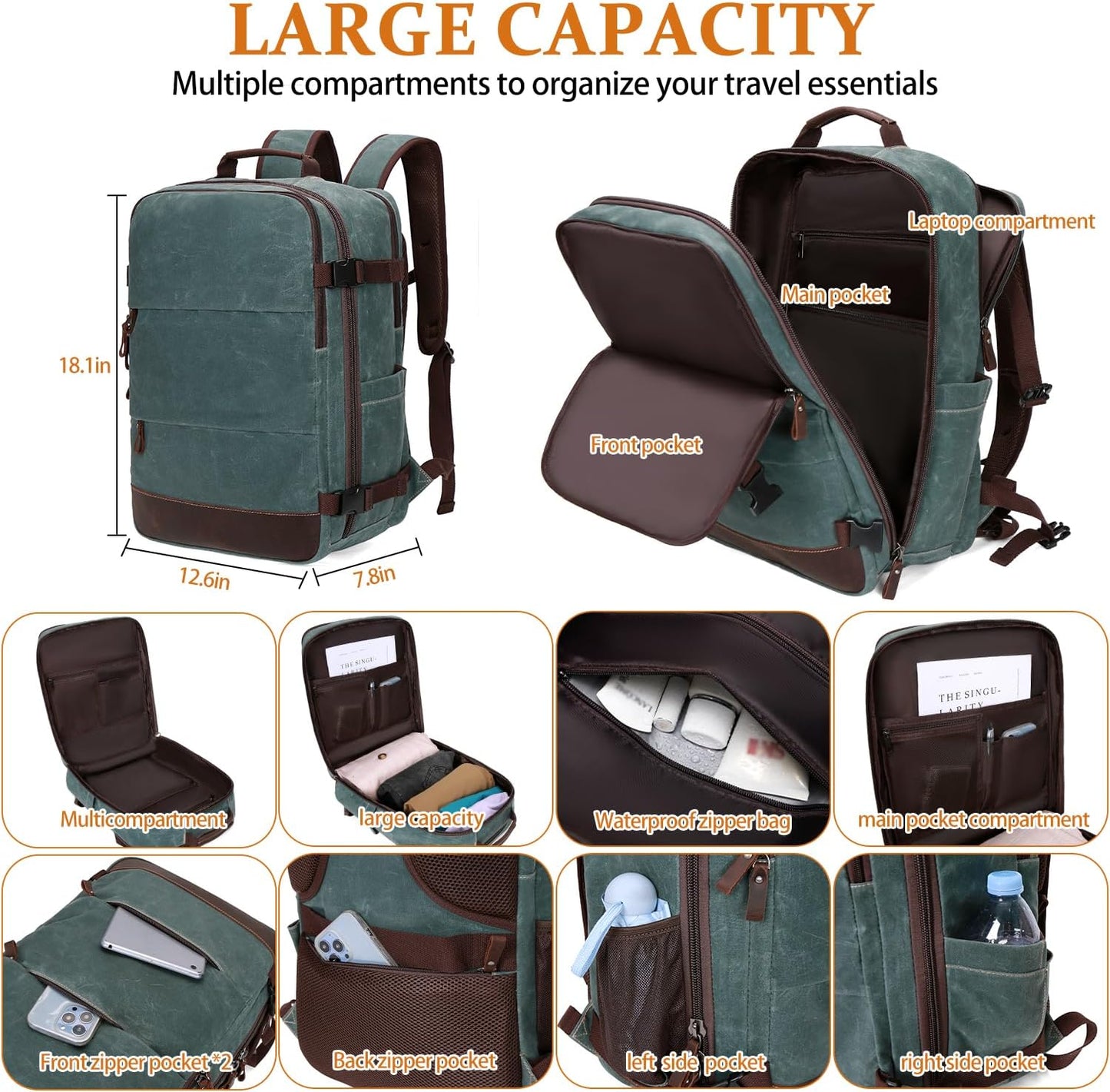 Travel Backpack for Men Carry On Backpack Flight Approved Personal Item Backpack, 18.4 inch Laptop Backpack Casual Daypack Weekender Business Hiking Backpack, Dark Green
