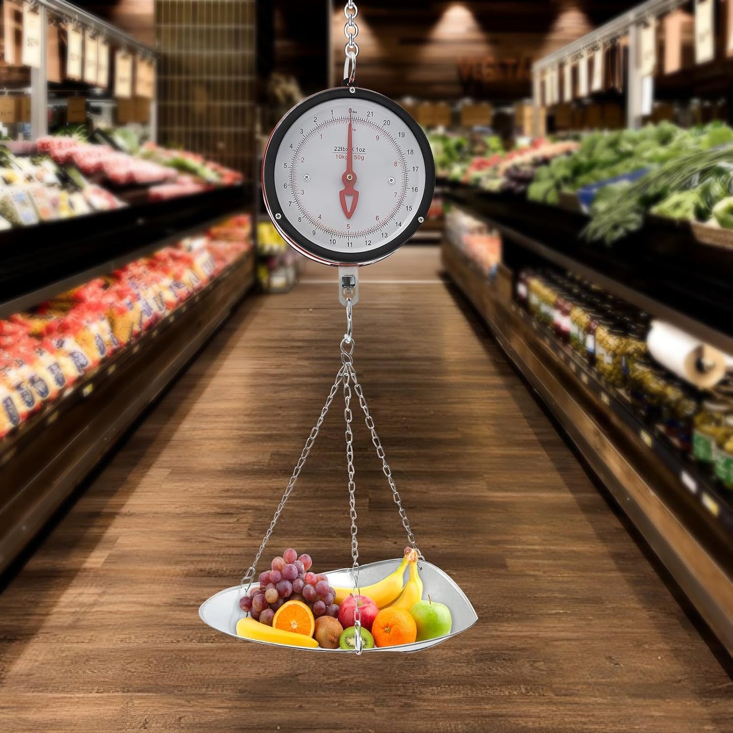 Double-Sided Dial Hanging Scale 22LBS, Mechanical Hanging Scale with Scoop and Chain, Large Display Spring Dial Weight Scale, High Accuracy Weight Scale for Farm, Kitchen Food and Produce (Red)