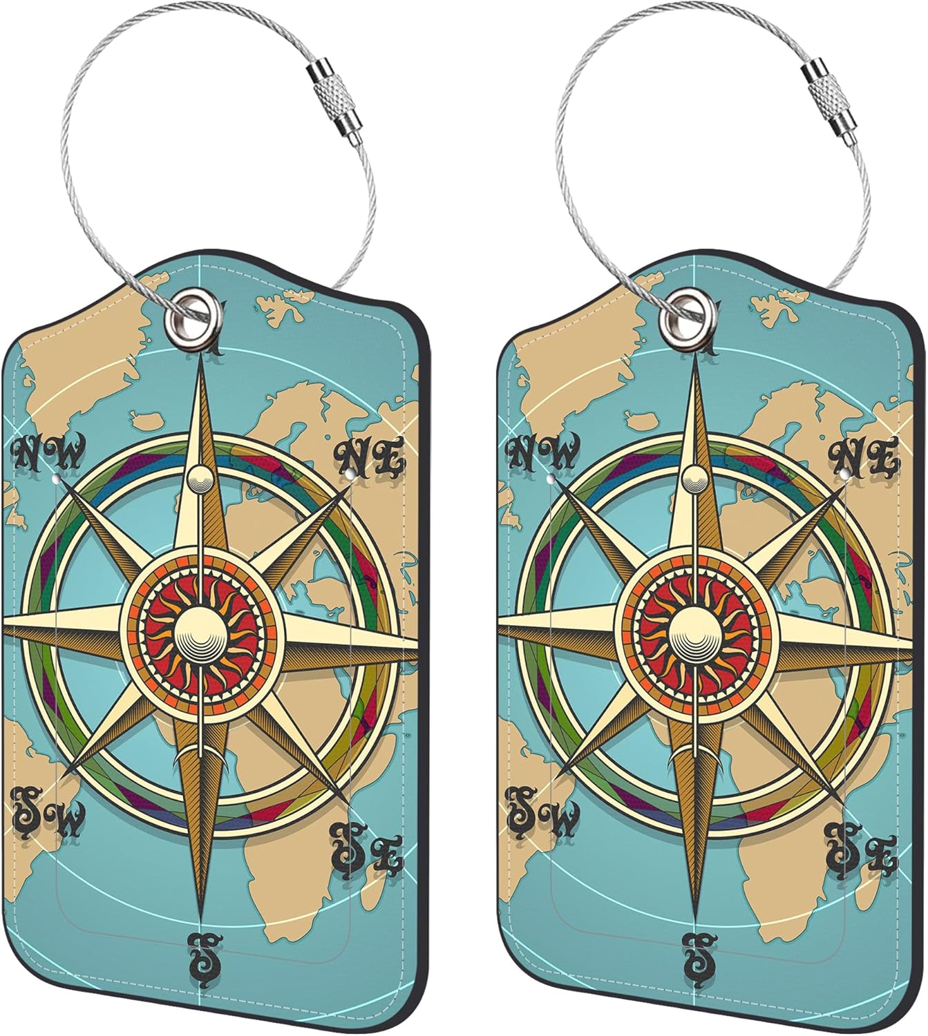 2 Pack Luggage Tags for Suitcase,Vintage Compass PU Leather Idea Baggage Tag with Name Labels Privacy Cover Metal Ring Men and Women Travel Cruise Labels