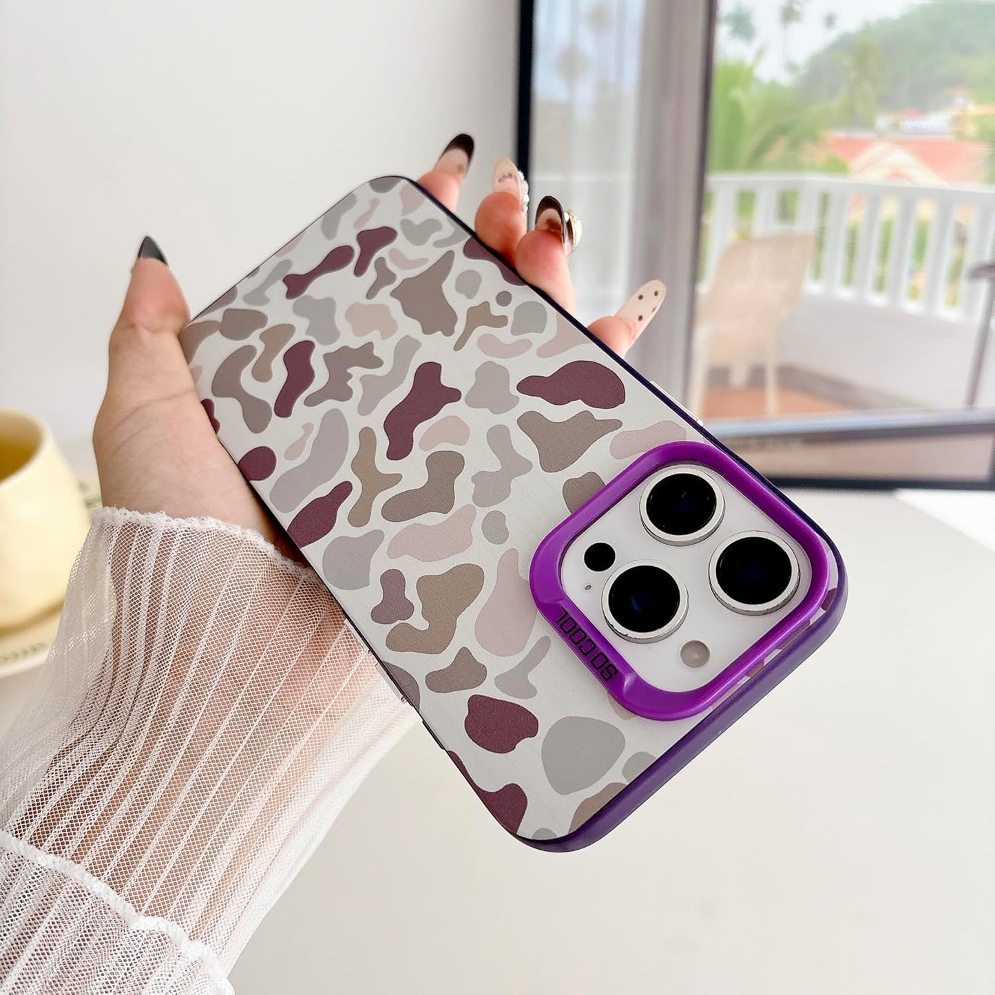 for iPhone 16 Pro Case, Vintage Camo Pattern Design for Men Boys Teens, Cool Camouflage Shockproof Protective Cover for Girls Women - Purple