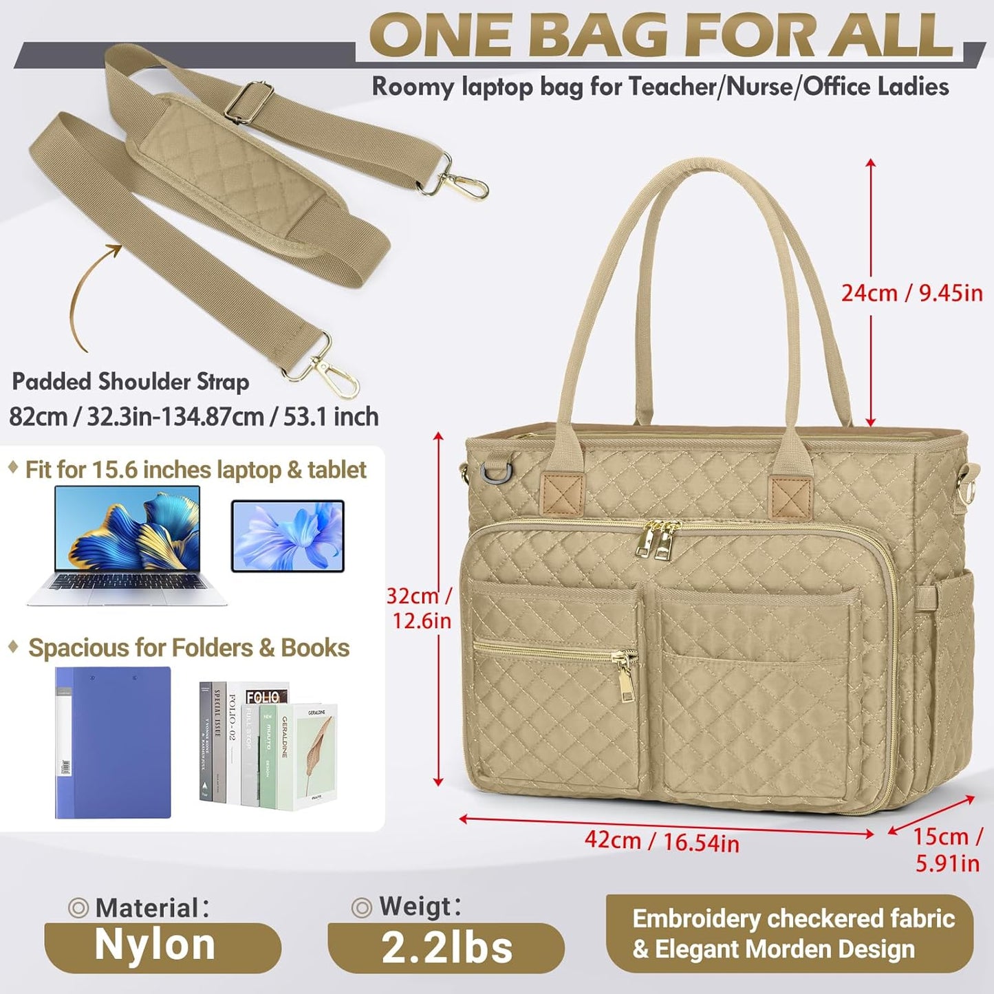 RAINSMORE Teacher Tote Bag 15.6 inch Laptop Bag for Women Work Bags Laptop Tote Nurse Bag Professional Computer Messenger with Insulated Pocket, Laptop Briefcase for Office, College, Nursing, Khkai