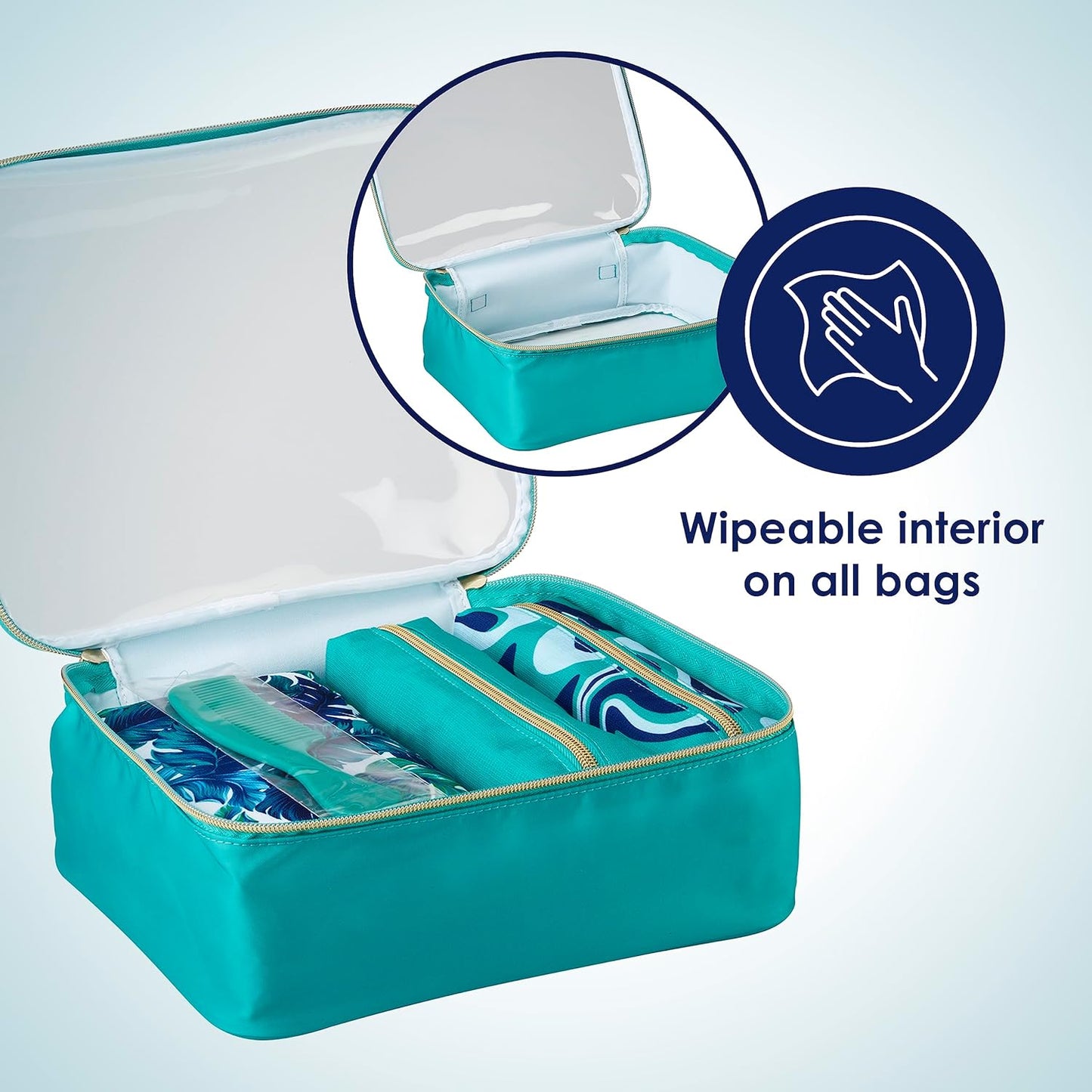 Conair 5 Piece Toiletry and Cosmetic Bag Set Under $30, Includes 4 Makeup Bags and 1 Travel Comb in Teal Palm Prints