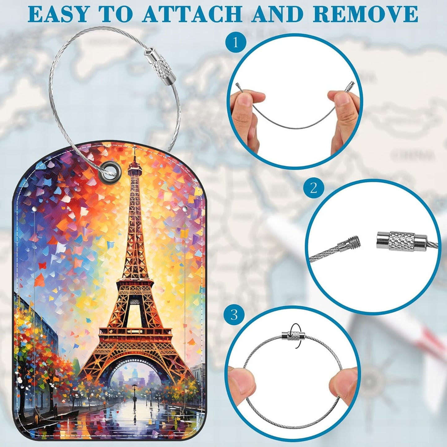 2 Pack Luggage Tag for Suitcase Eiffel Tower Art Painting Leather Suitcase Tags with Privacy Name ID Label and Stainless Steel Loop for Travel Bag