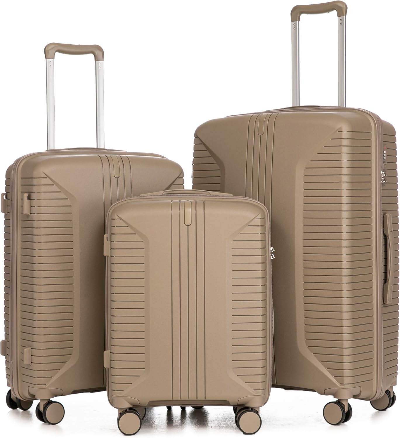 Campfun 3 Piece Luggage Sets, PP Suitcase Set with Double Spinner Wheels Hang Hook, Durable Carry On Luggage with Combination Lock, 20/24/28 inch, Champagne