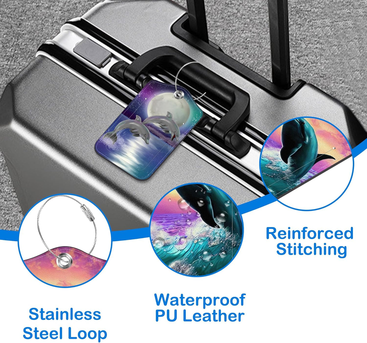 Moon Night and Jumping Dolphin Luggage Tags for Suitcases Leather Travel Tags for Luggage ID Label with Privacy Cover and Stainless Steel Loop for Men Women Suitcase Backpack, Set of 2