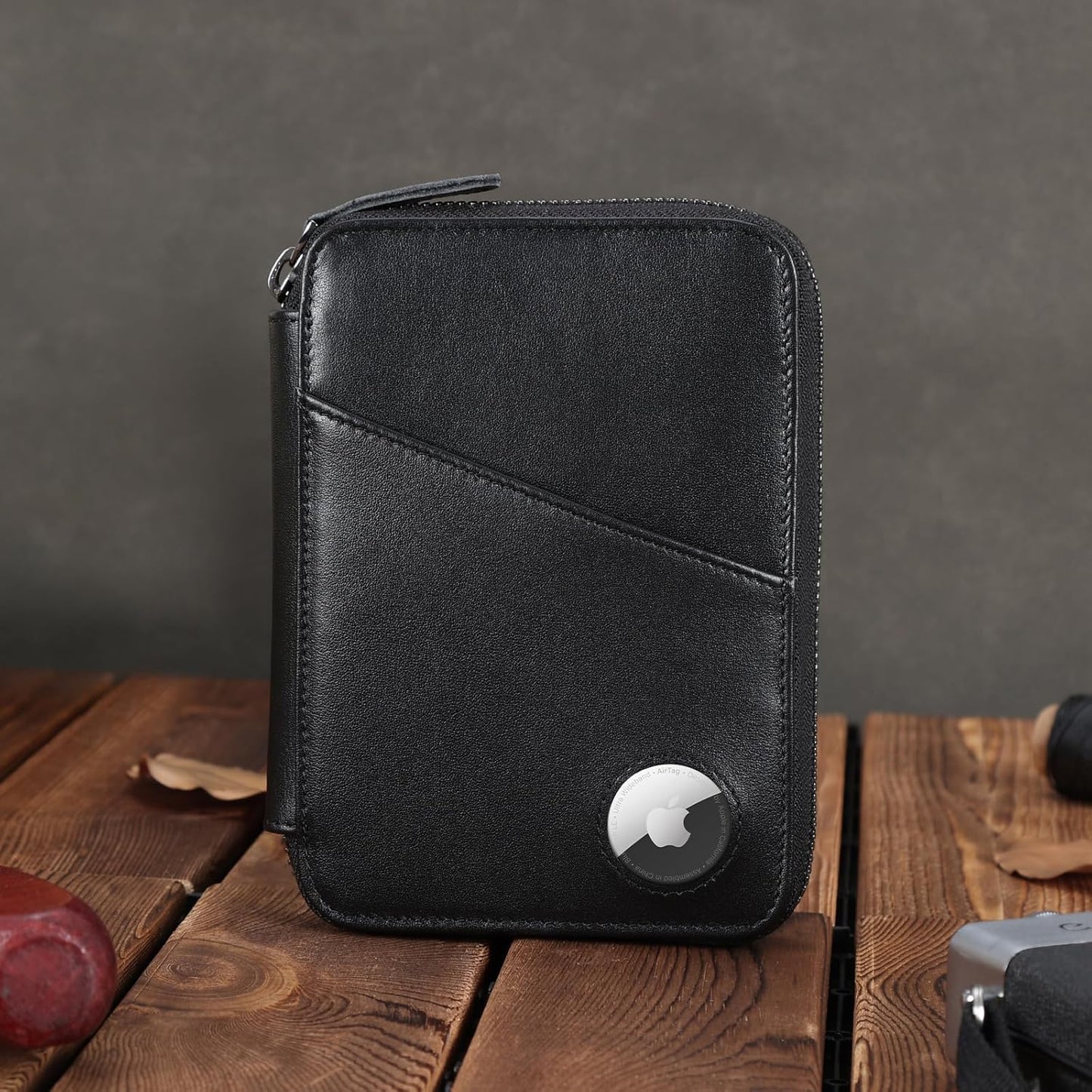 Polare Full Grain Leather Travel Passport Wallet RFID Blocking Passport Holder Soft Bifold Cover Case with YKK Zipper (Black with AirTag Slot)