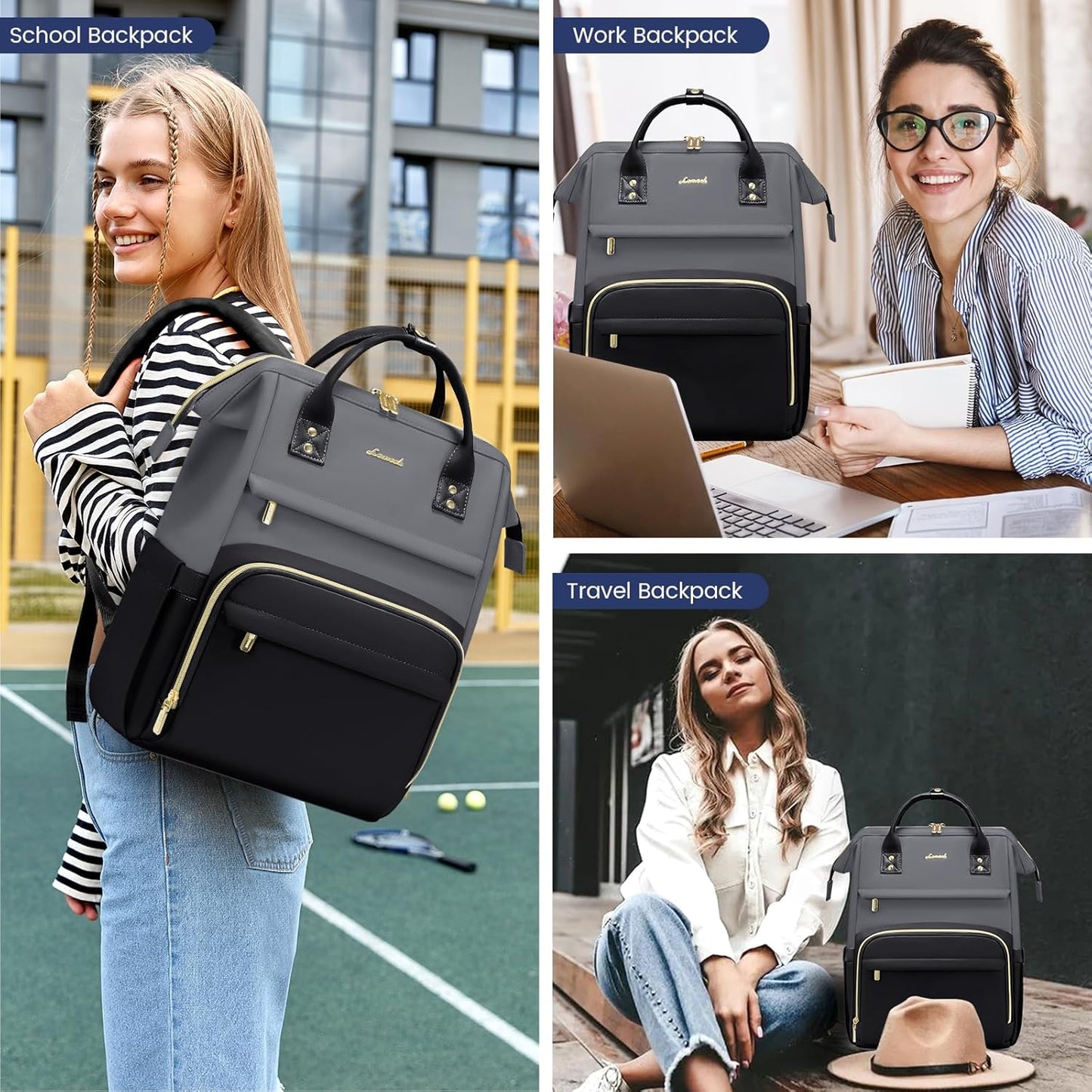 LOVEVOOK Leather Backpack for Women,15.6 inch Leather Laptop Backpacks Women,Professional Work Backpacks Nurse College Teacher Bag,Womens Laptop Bag Computer Travel Backpack Purse,Smoky Gray-Black
