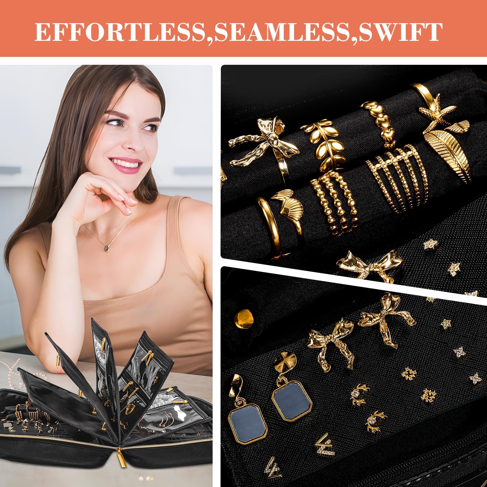 Travel Jewelry Organizer for Women, Detachable Pouches, Tangle-Free, Black
