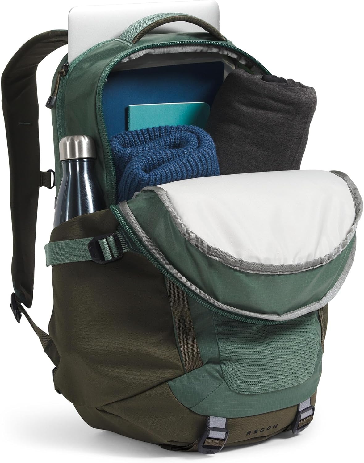 The North Face Recon Everyday Laptop Backpack | Daypack with Water Repellent Finish, 16" Laptop Sleeve, 2 Water Bottle Pockets, Duck Green/New Taupe Green, One Size