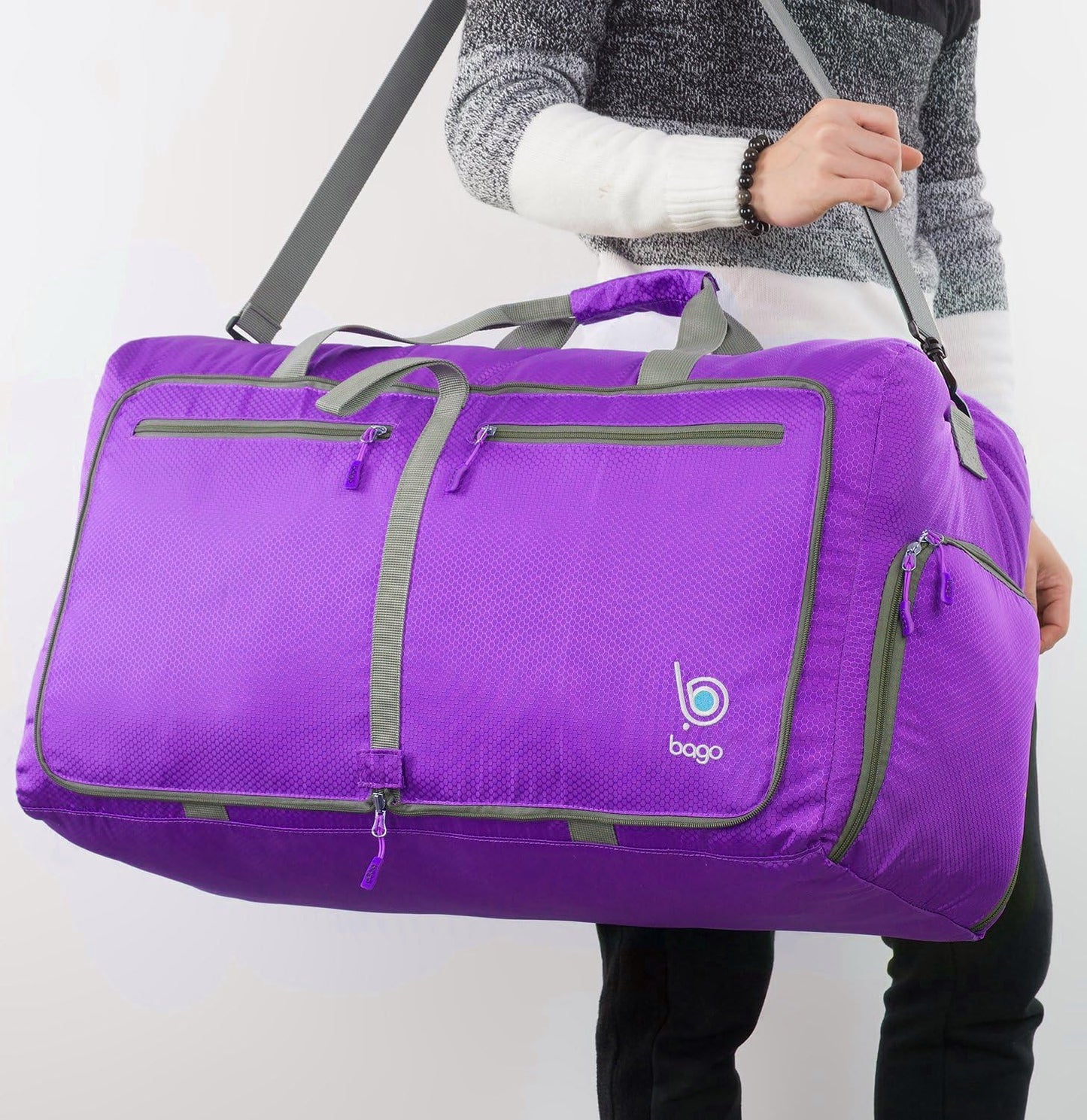 Bago Large Foldable Duffel Bags for Traveling Women & Men - 80L Packable Duffle Bag for Travel with Shoe Compartment - Water Repellant, Heavy Duty, Lightweight Folding & Collapsible (Purple)