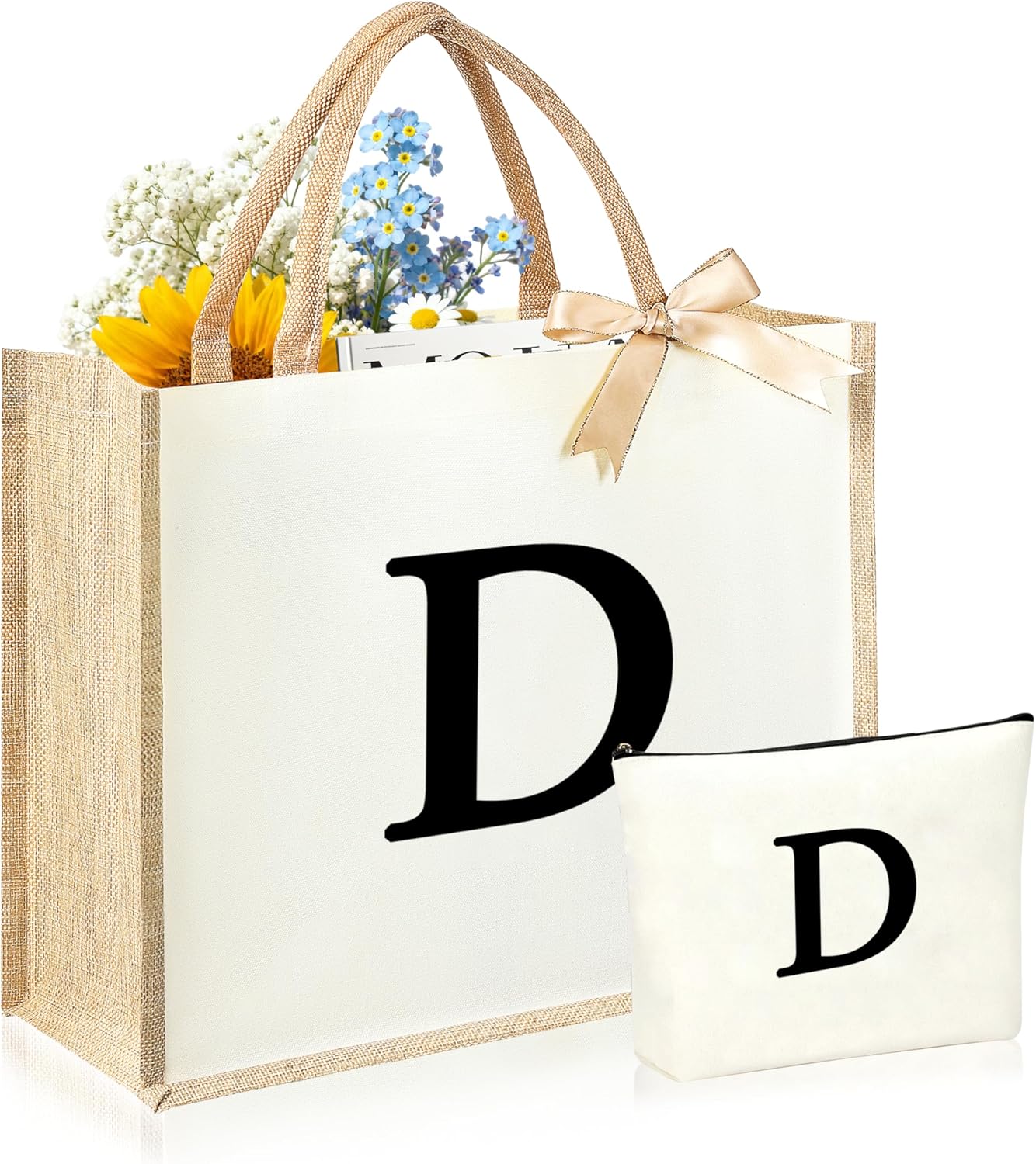 Initial Canvas Tote Bag & Makeup Bag for Women Teacher Bridesmaids，Personalized Present for Wedding, Birthday, Beach