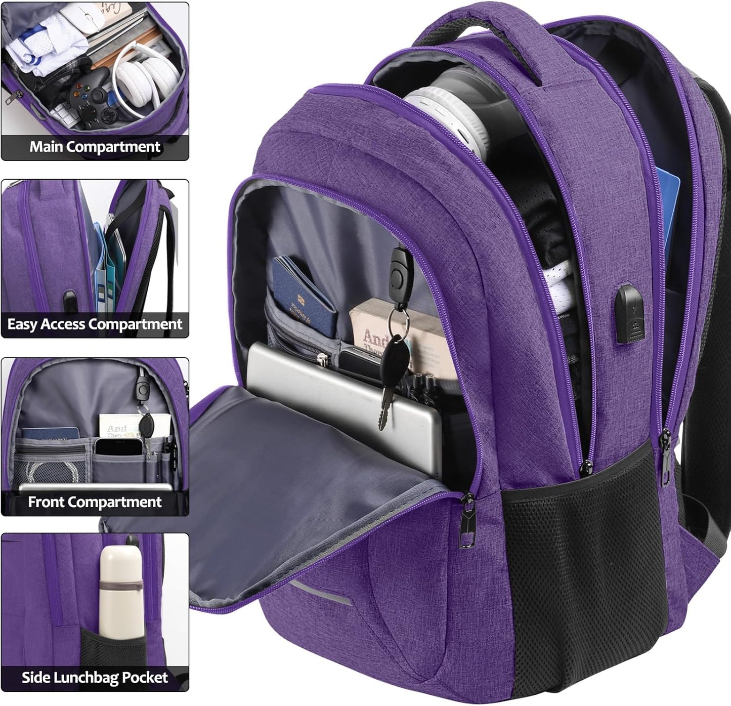 BIKROD Backpack for Men Women, School Backpacks for Teen Boys, Business Anti Theft Sturdy Travel Laptop Backpack with USB Charging Port, Water Resistant 15.6 Inch Computer Bag Gift, Purple