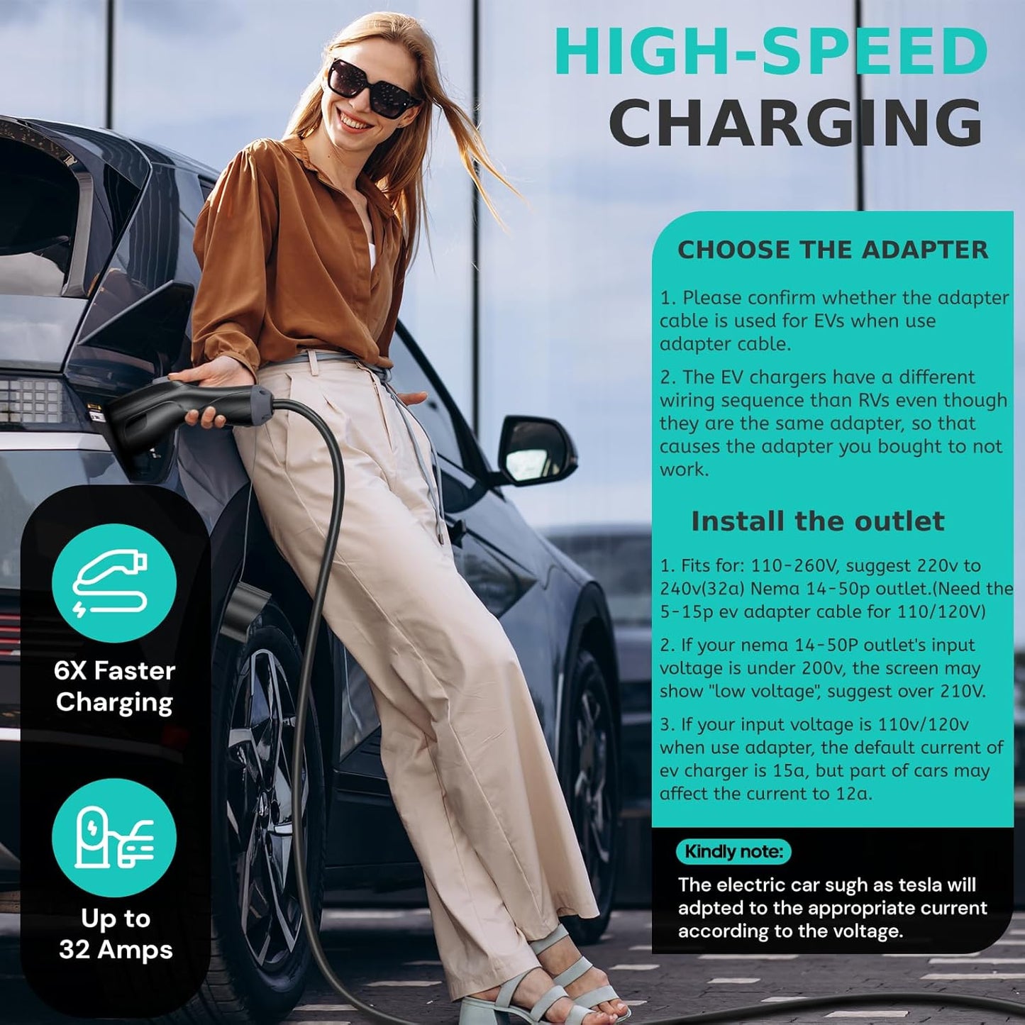 Level 2 Electric Vehicle (EV) Charger(WIFI APP/Plug-play), 32A, 25ft Cable ETL Certified, 220V-240V NEMA 14-50P Plug EVSE w/ J1772 Connector, Portable EV Car Charging Stations for Home Level 2