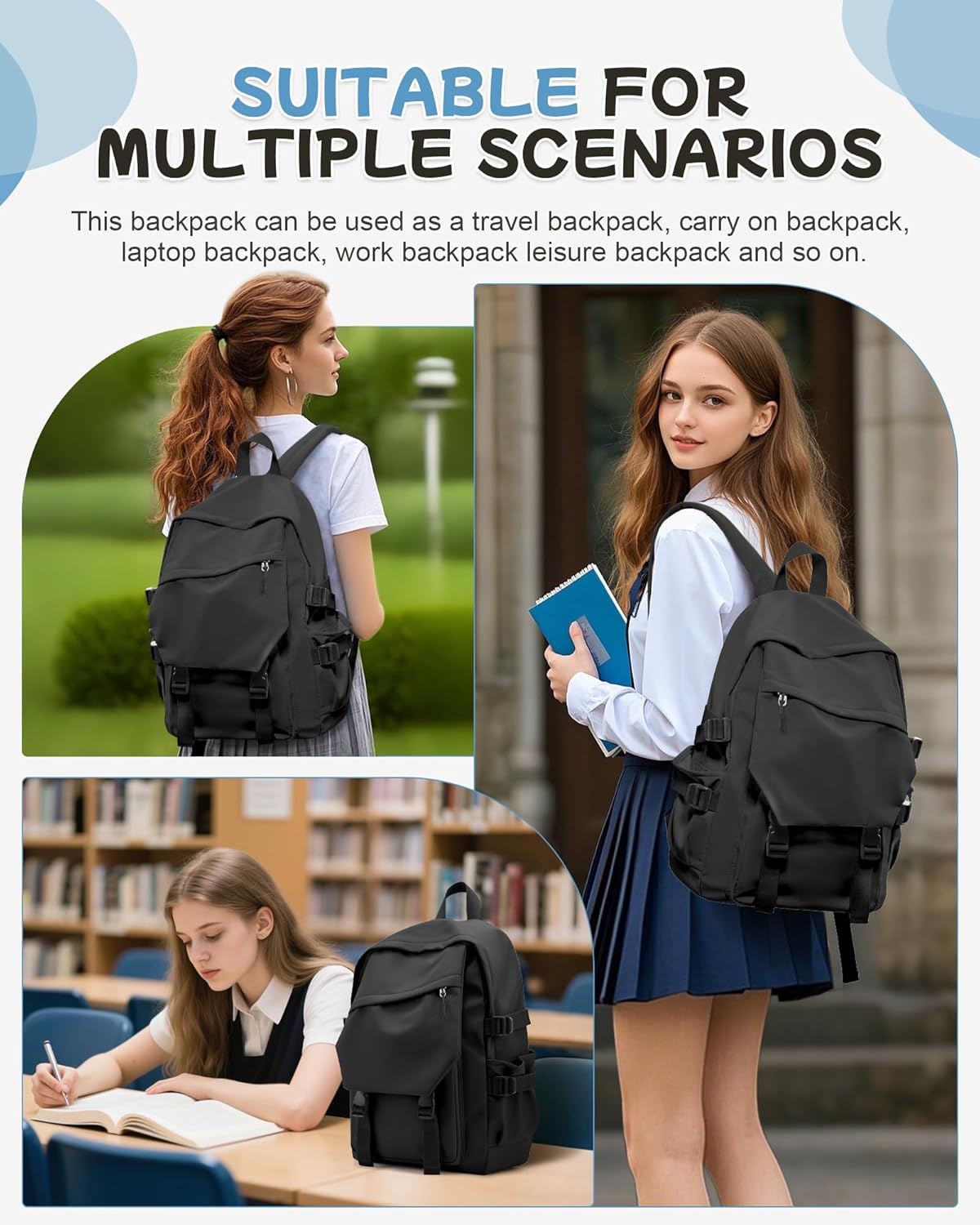 Black Travel Laptop Backpack For Women Small Computer Work Backpack For Men Lightweight College Teacher Backpacks For Women Causal Daypack Backpacks