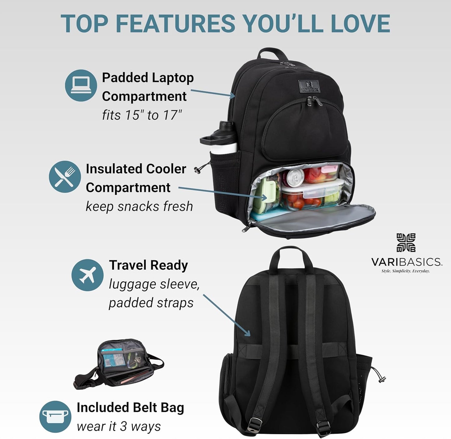 Alira Women’s Neoprene Laptop Backpack Set with Cooler Compartment & Coordinating Belt Bag, Premium Work Travel Backpack Fits 17” Laptop, Durable Large Bag, Office, Gym & Mom Life (Black)
