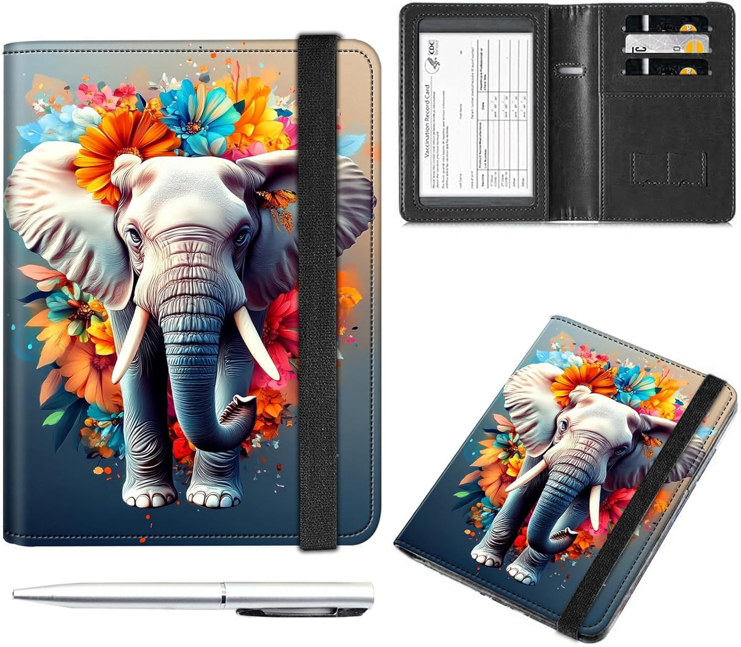 Passport and Vaccine Card Holder Cover Combo,Travel Passport Holder Wallet with RFID Blocking, Leather Vaccine Card Slot Passport Cover Case for Women & Men,Elegant Elephant and Flowers