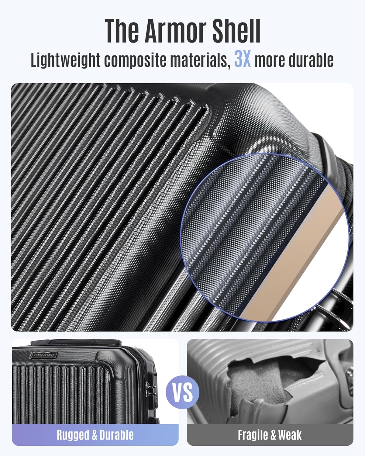 LIGHT FLIGHT Carry On Luggage 22x14x9 Airline Approved, Durable Hard Shell Carry On Suitcases with Wheels, Expandable Hardside Lightweight Travel Luggage with TSA Lock 20 Inch Carry on, Black