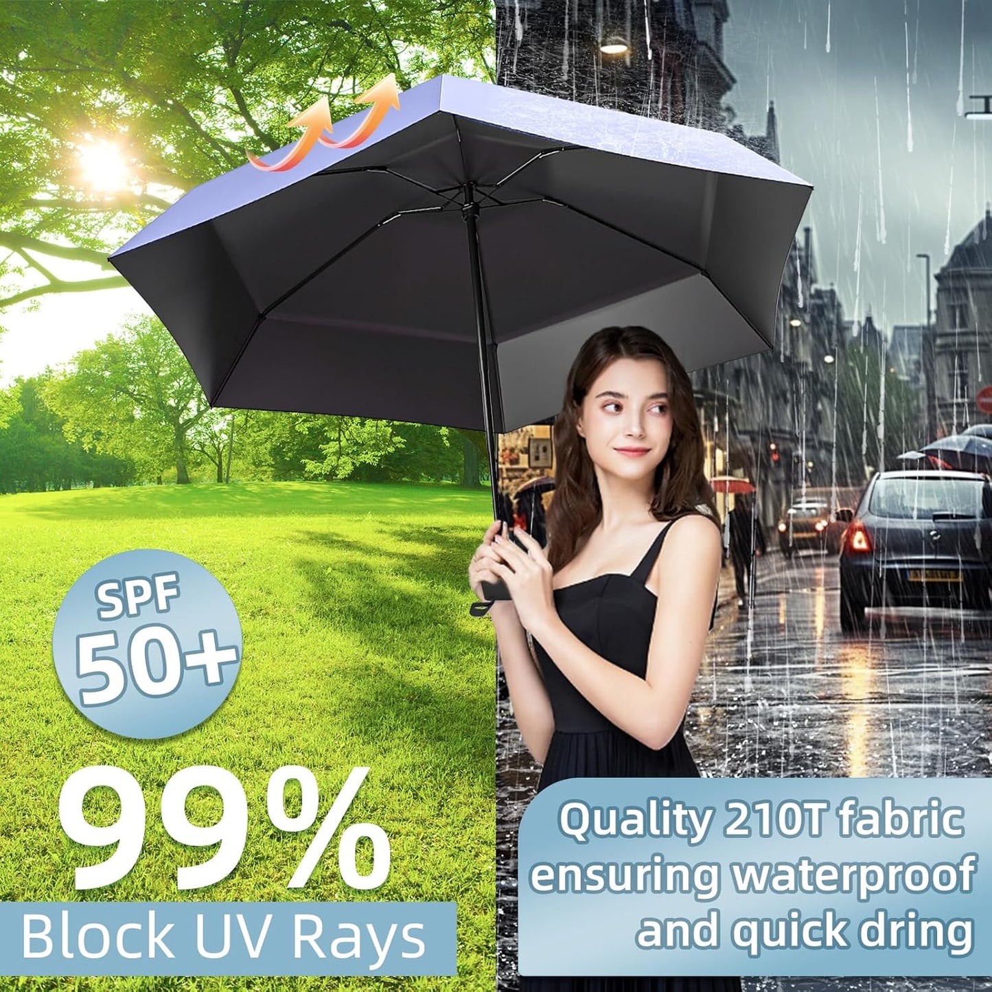 Travel Mini Folding Compact Umbrella with Case, 8 Ribs Lightweight Portable, Small Sun & Rain Pocket Umbrella for Girls and Women