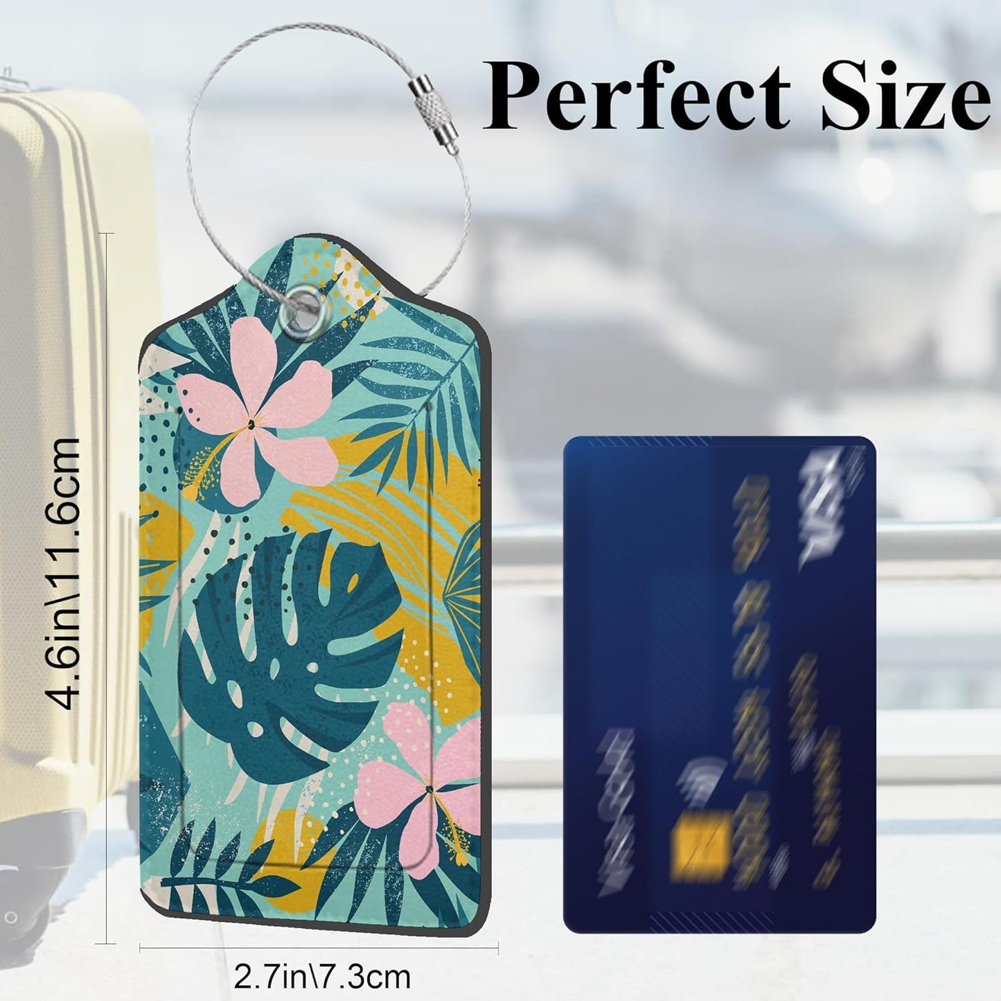 Boho Foliage Botanical Tropical Palm Leaves and Floral 2 Pack PU Leather Luggage Tags with Stainless Steel Loop, Travel Labels with Privacy Cover ID Label for Quick Spotting