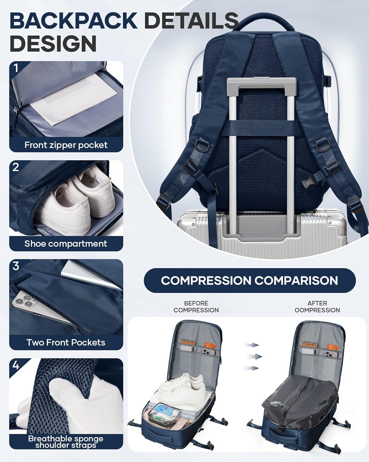 Vacuum Backpack Travel with Pump,Travel Backpack with Vacuum System, Shoe Compartment,United Airlines Personal Item Bag 17x10x9,Mochila compresion al vacio,Navy Blue