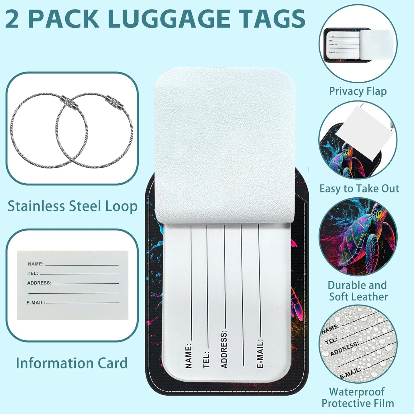 2 Pack Cute Luggage Tag for Suitcases Watercolor Sea Turtle Leather Luggage Tags with Stainless Steel Loop Privacy Flap Name Tags,Men and Women Travel Bag Suitcase Tags