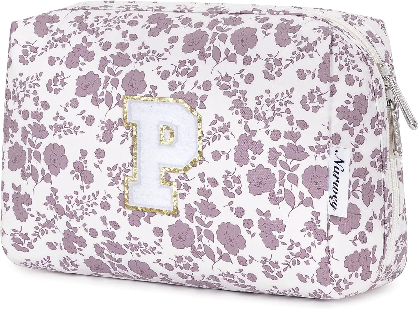 Narwey Birthday Gifts for Teen Girls Kids Women Personalized Initial Floral Makeup Bag Cute Cosmetic Trendy Stuff 6 8 10 11 12 13 14 16 18 Years Old Travel Toiletry Bag (Little Dusty Pink Flower P)