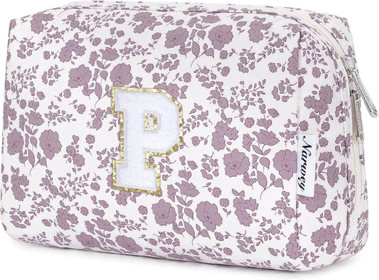 Narwey Birthday Gifts for Teen Girls Kids Women Personalized Initial Floral Makeup Bag Cute Cosmetic Trendy Stuff 6 8 10 11 12 13 14 16 18 Years Old Travel Toiletry Bag (Little Dusty Pink Flower P)