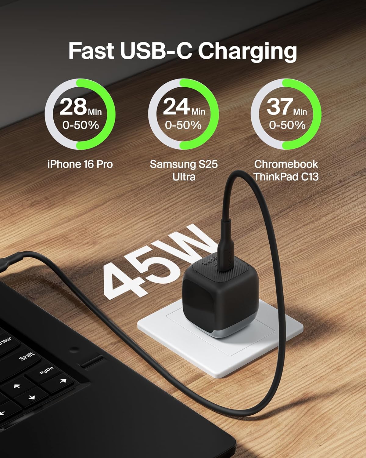 Belkin USB C Charger Block 45W - PD3.1 PPS Super Fast Charging - Samsung Galaxy S25, S24, Apple