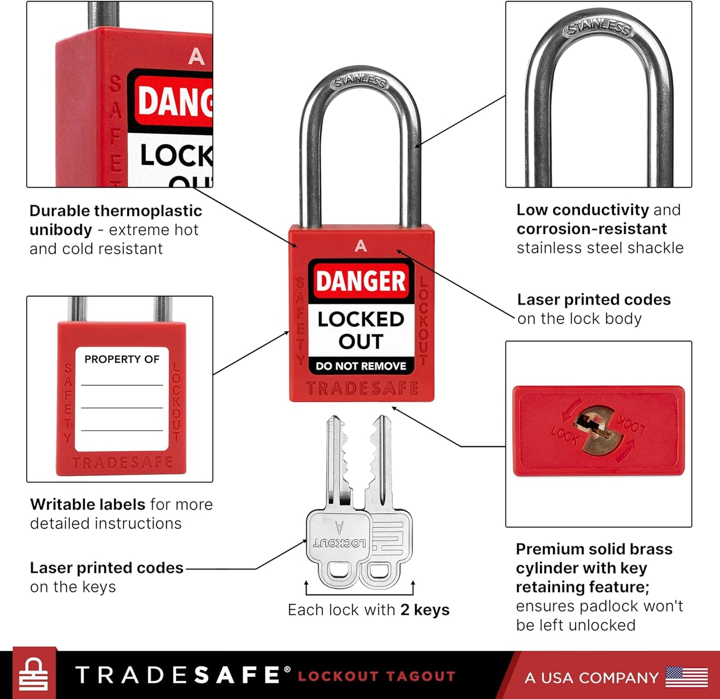 TRADESAFE Lockout Tagout Locks Set, 10 Red Keyed Alike Unlimited Grouping Safety Padlocks, 2 Keys Per Lock, OSHA Compliant Loto Locks for Lock Out Tag Out Kits